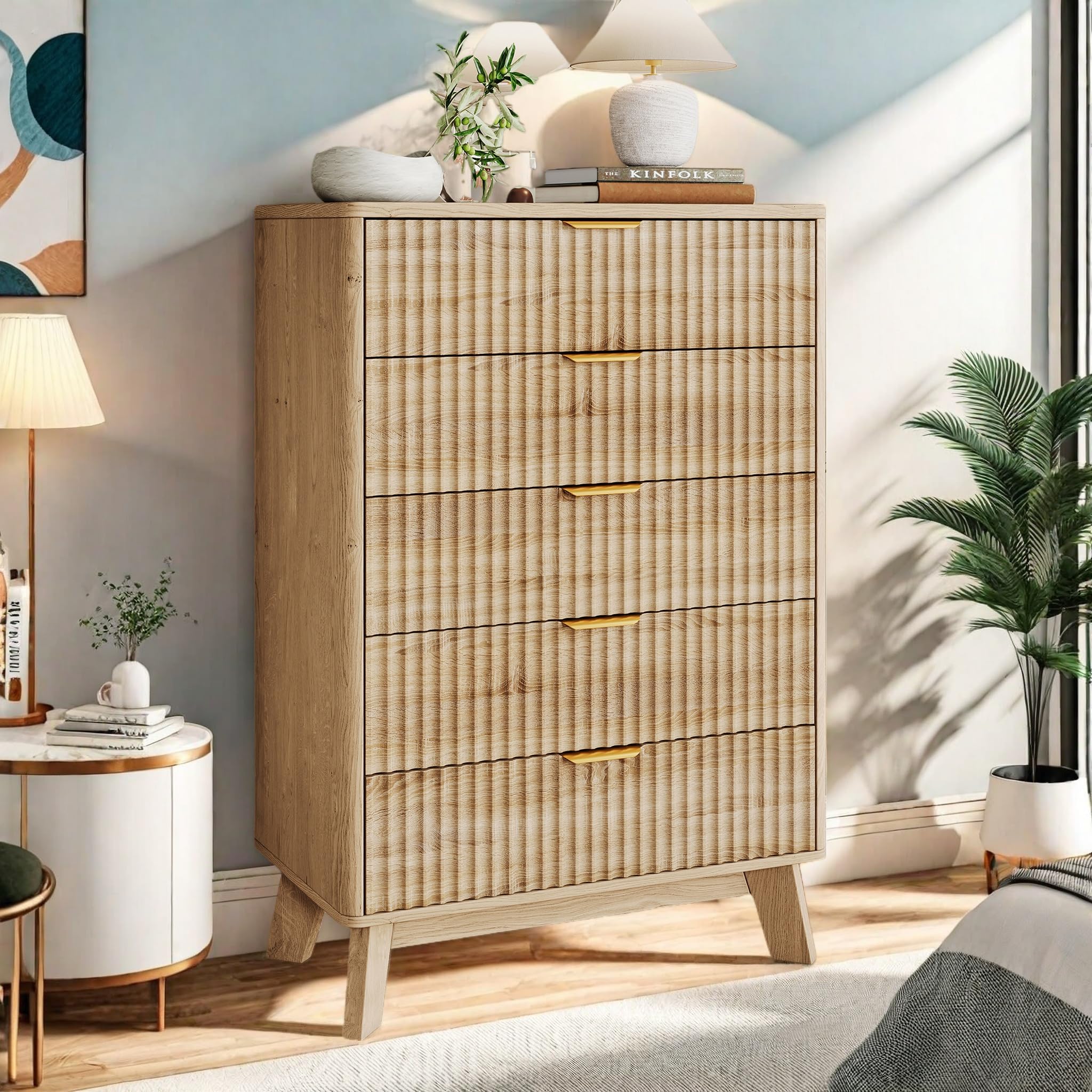Commode Rangement en Bois, Chiffonnier 5 tiroirs avec antichute et Pieds surélevés, Meuble 40 cm de Profondeur pour Chambre, Entrée, Salon, Bureau, 73x40x108 cm