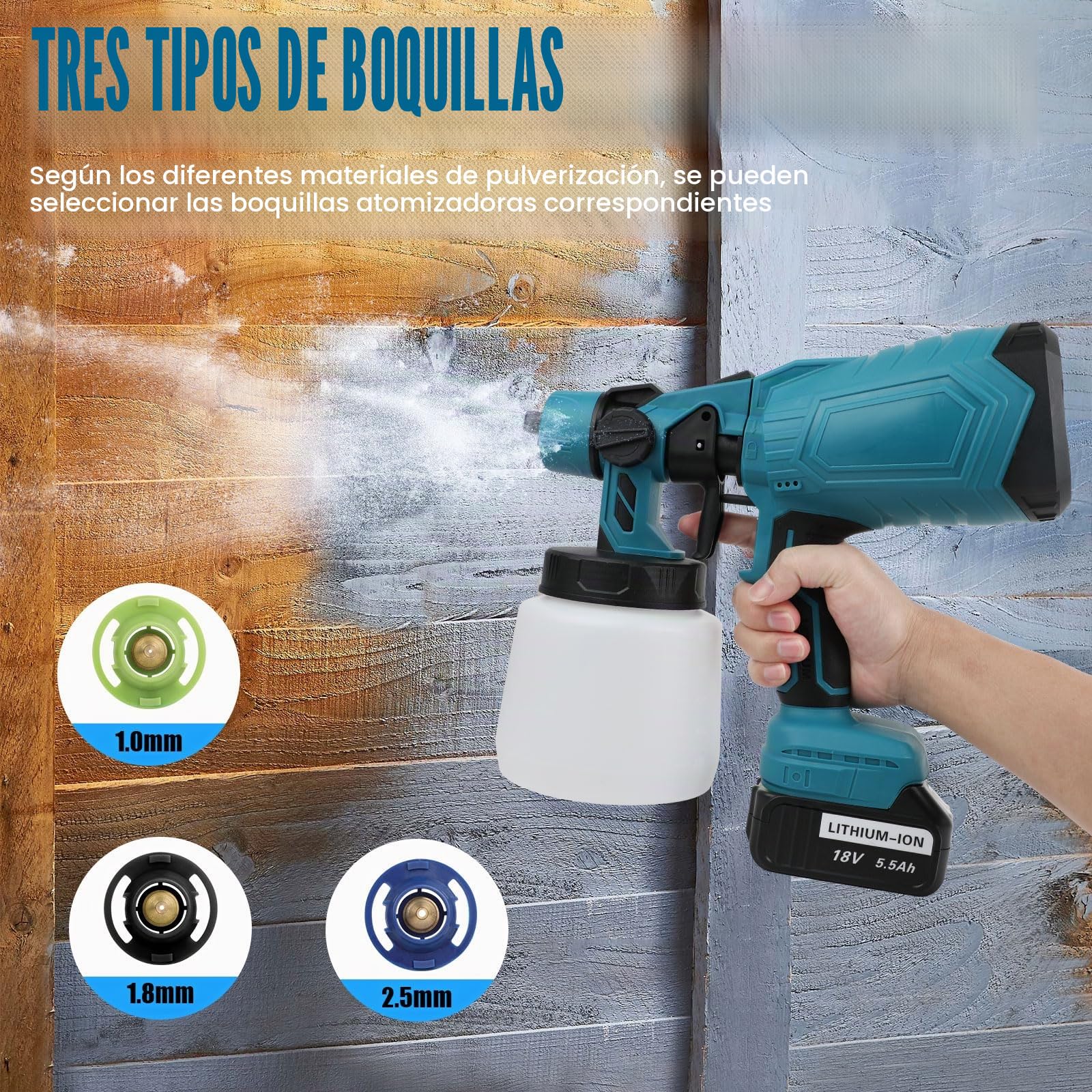 Pistola de Pintura Eléctrica con 2 x 5500mAh Batería, ASUNCELL Pistolas para Pinturas de Flujo Ajustable de 1000ml para Vallas, Paredes, Techos, 4 Boquillas y 3 Modelos (Azul)