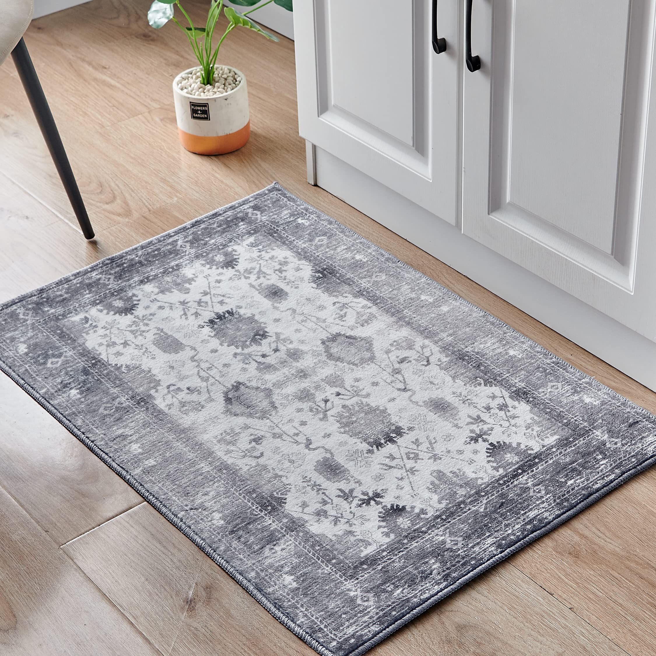 brichoee vintage area rug 2x3 feet grey thin entryway mat for kitchen indoor machine washable foldable doormat distressed persian boho rug