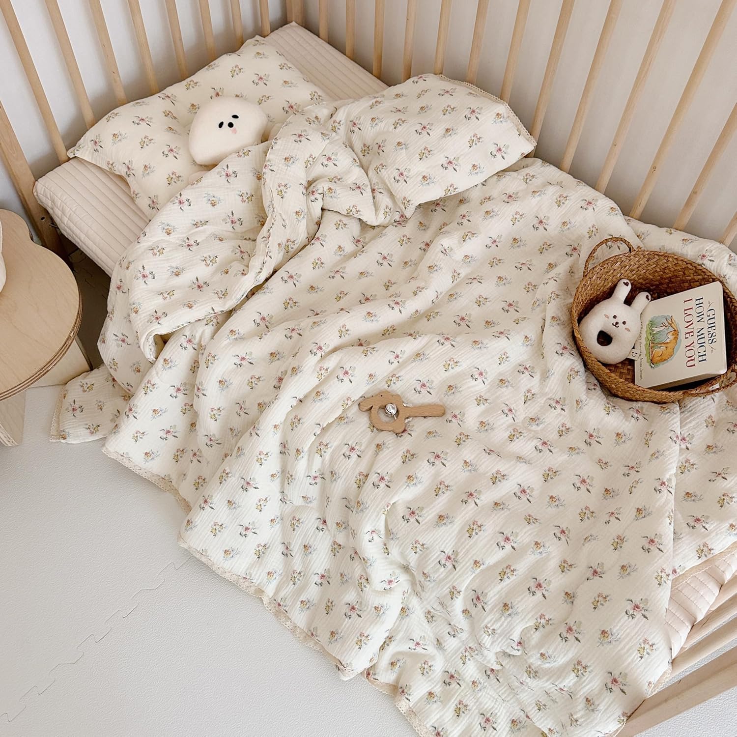 BuLuTu Muslin Quilt Blanket and Pillowcase for Crib/Toddler Bed, Azalea Print