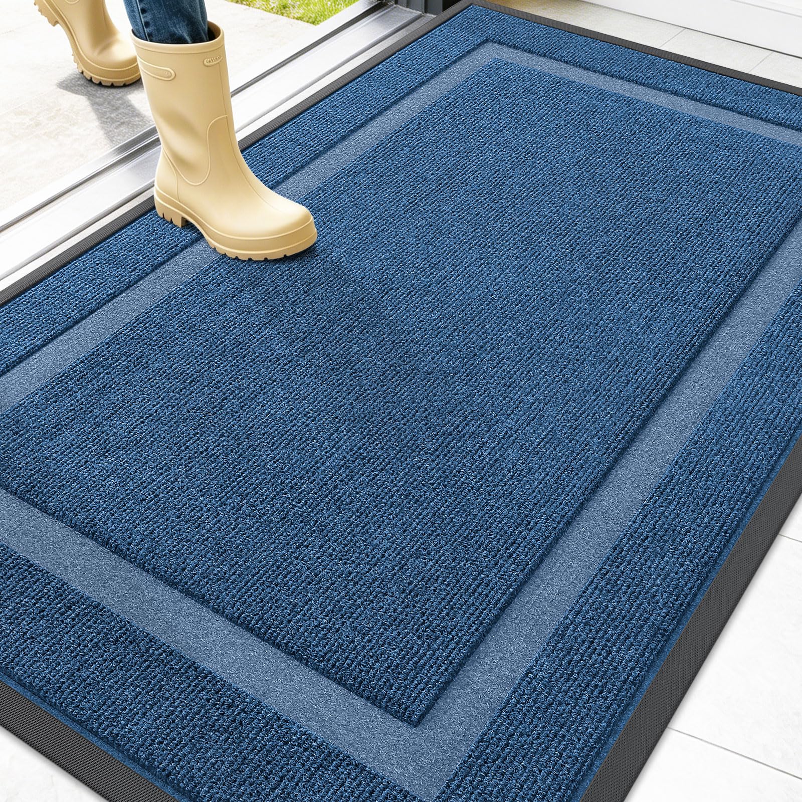 OLANLY Front Door Mat Outside 47x32, All-Season Heavy-Duty Rubber Doormat | Light Blue, Absorbent, Stain Fade Resistant, Waterproof Non-Slip Backing, Low-Profile Indoor Outdoor Floor Mat for Entryway