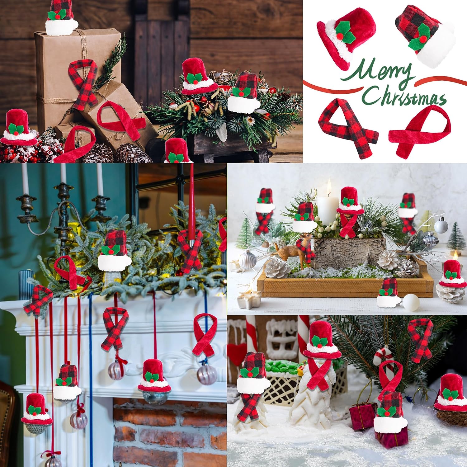 Christmas Wine Bottle Cover Set Christmas Buffalo Plaid Santa Hats and Scarfs Wine Bottle Decoration for Xmas Ornaments Party,24 Pieces