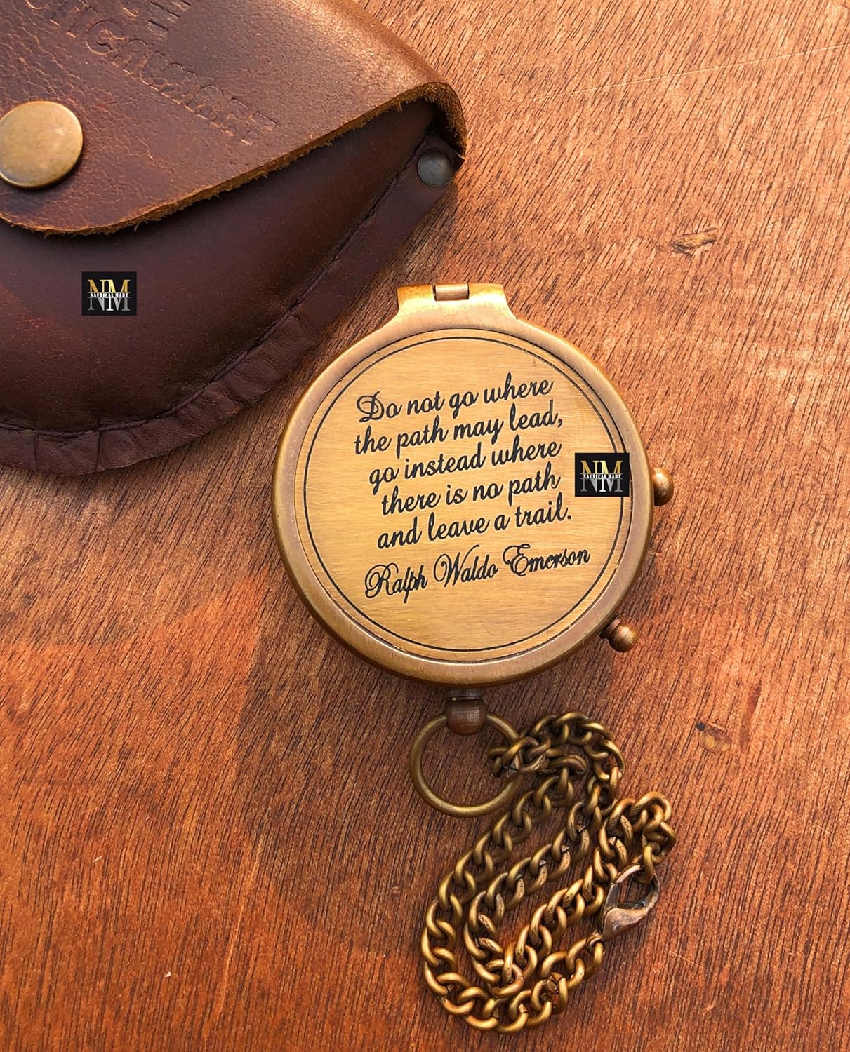 Ralph Waldo Emerson Quote Brass Compass Do not go Poem Compass with Leather Case for Graduation, Baptism, Confirmation - Brass Pocket Compass Gifts