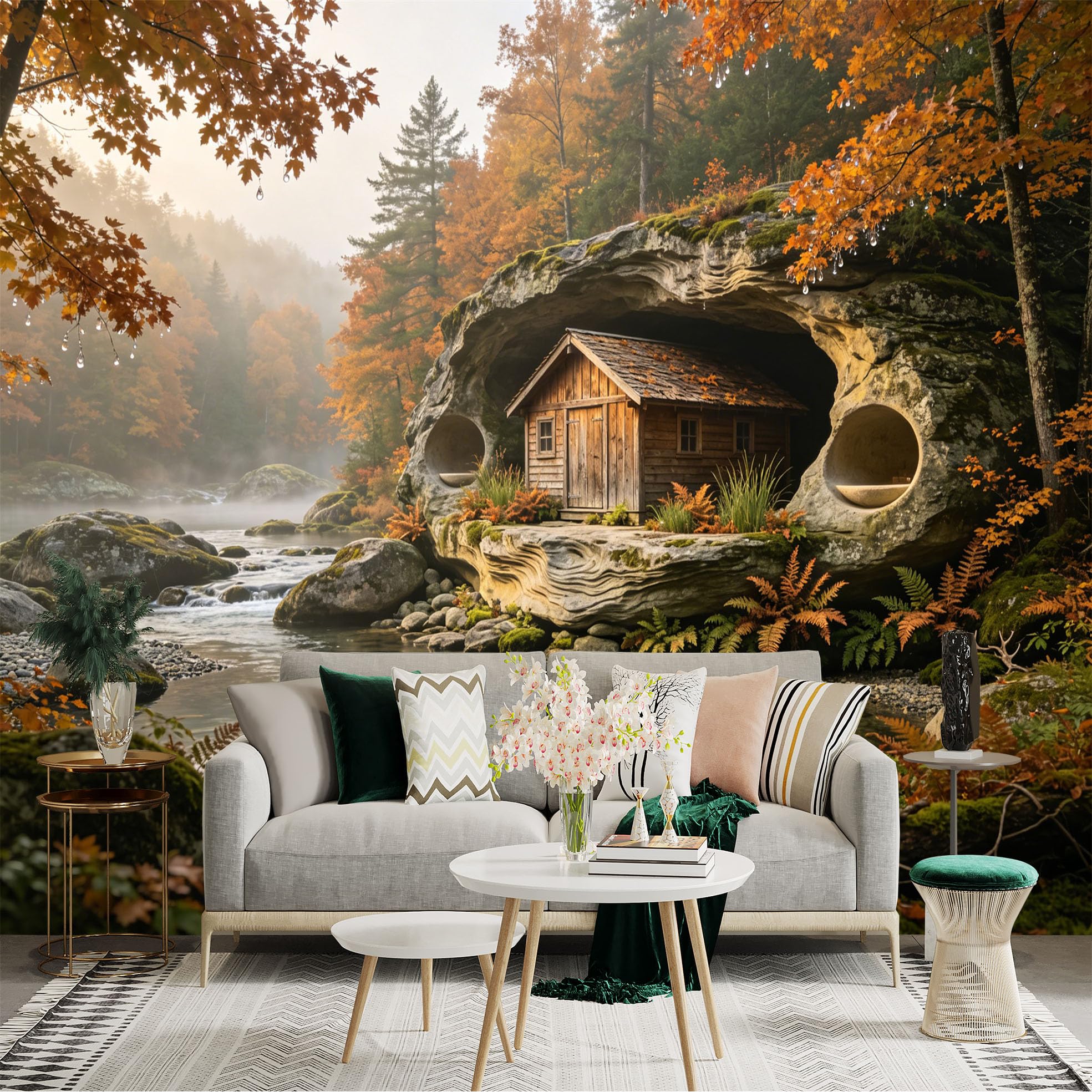 Custom Size Wall Sticker Mural， Autumn Forest Cabin by River with Rocks and Misty Landscape， for wall Decoration， peelandstick wall Decals.