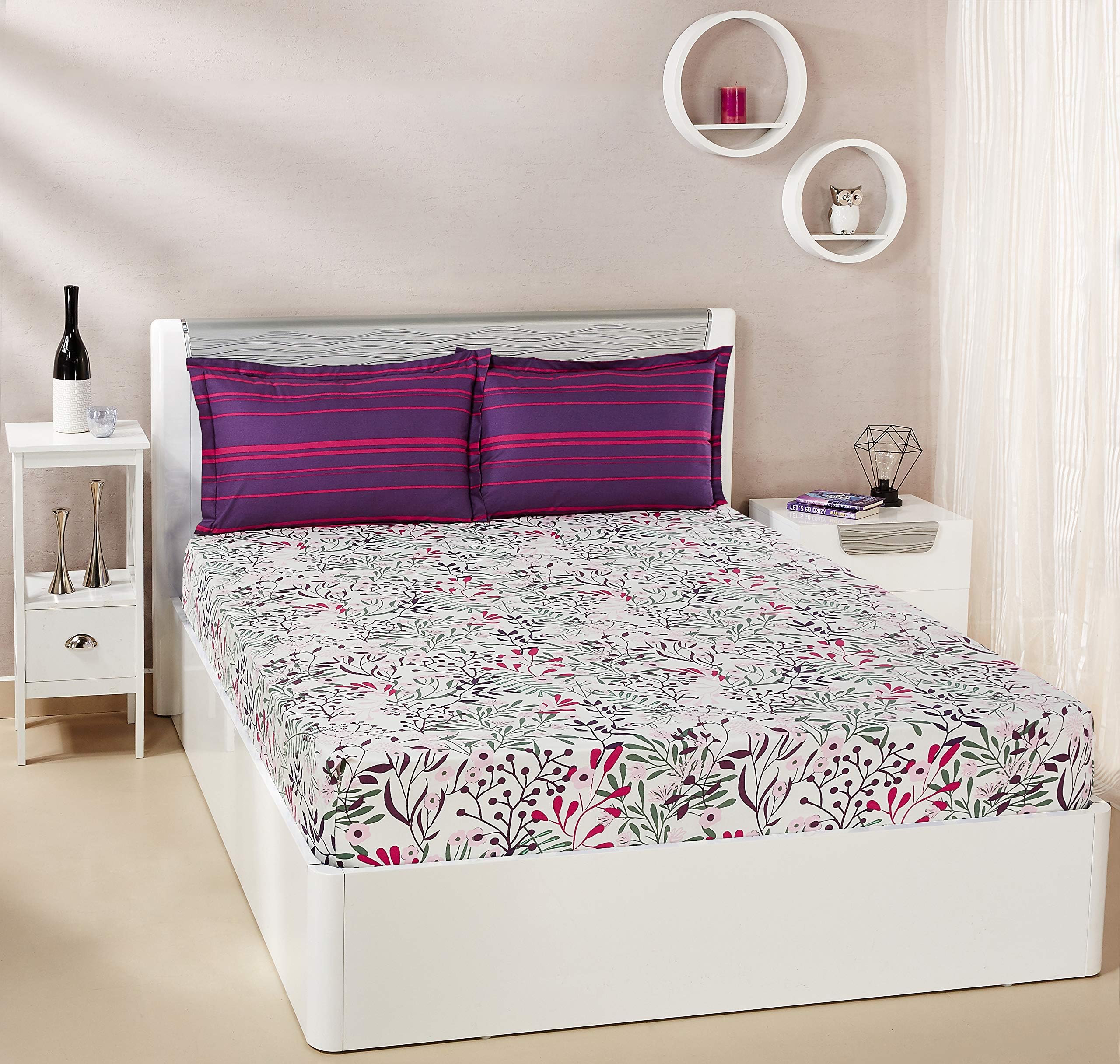 - Fresh Ferns 144 TC 100% Cotton Double Bedsheet with 2 Pillow Covers, Violet