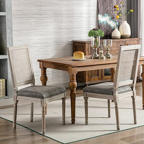 chairus Juego de 2 sillas de comedor de ratán de granja, sillas de campo francesas de cuero con respaldo cuadrado, patas de madera rústica, sillas