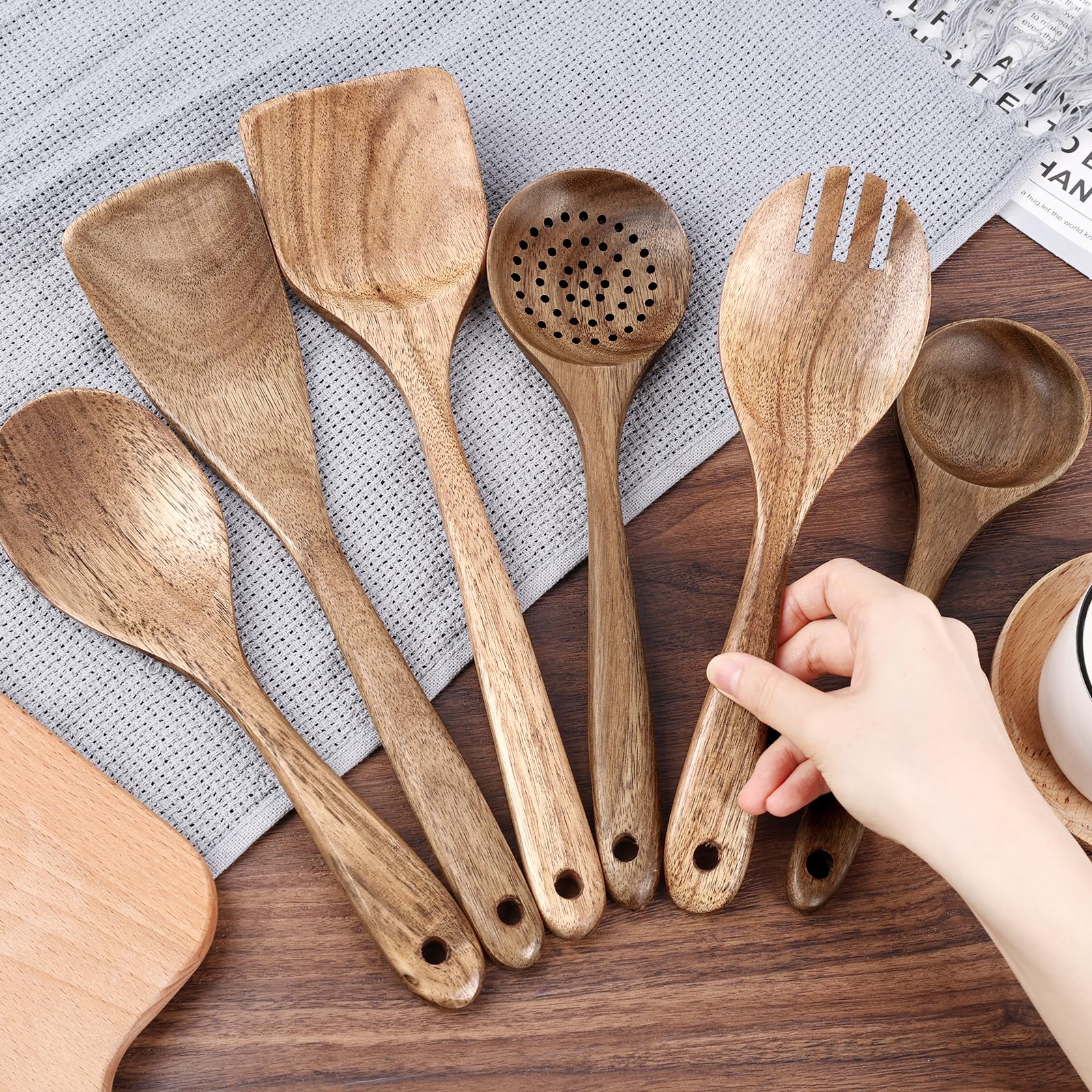 HAKSEN Holz-Kochutensilien, natürliches Akazienholz, Küchenutensilien, Holzspatel zum Servieren, Rühren, Kochen, Mischen, 10 Stück