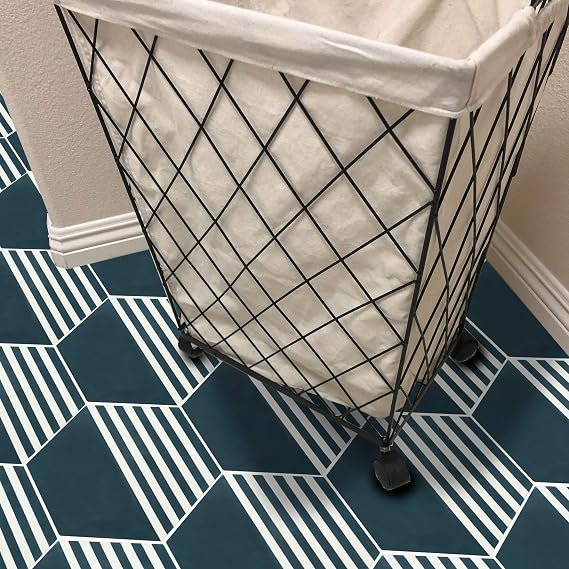 Moroccan Mosaic & Tile House CTP72-10 Menara Hexagon Handmade Cement Tiles, Pack of 12, Navy Blue and White Lines