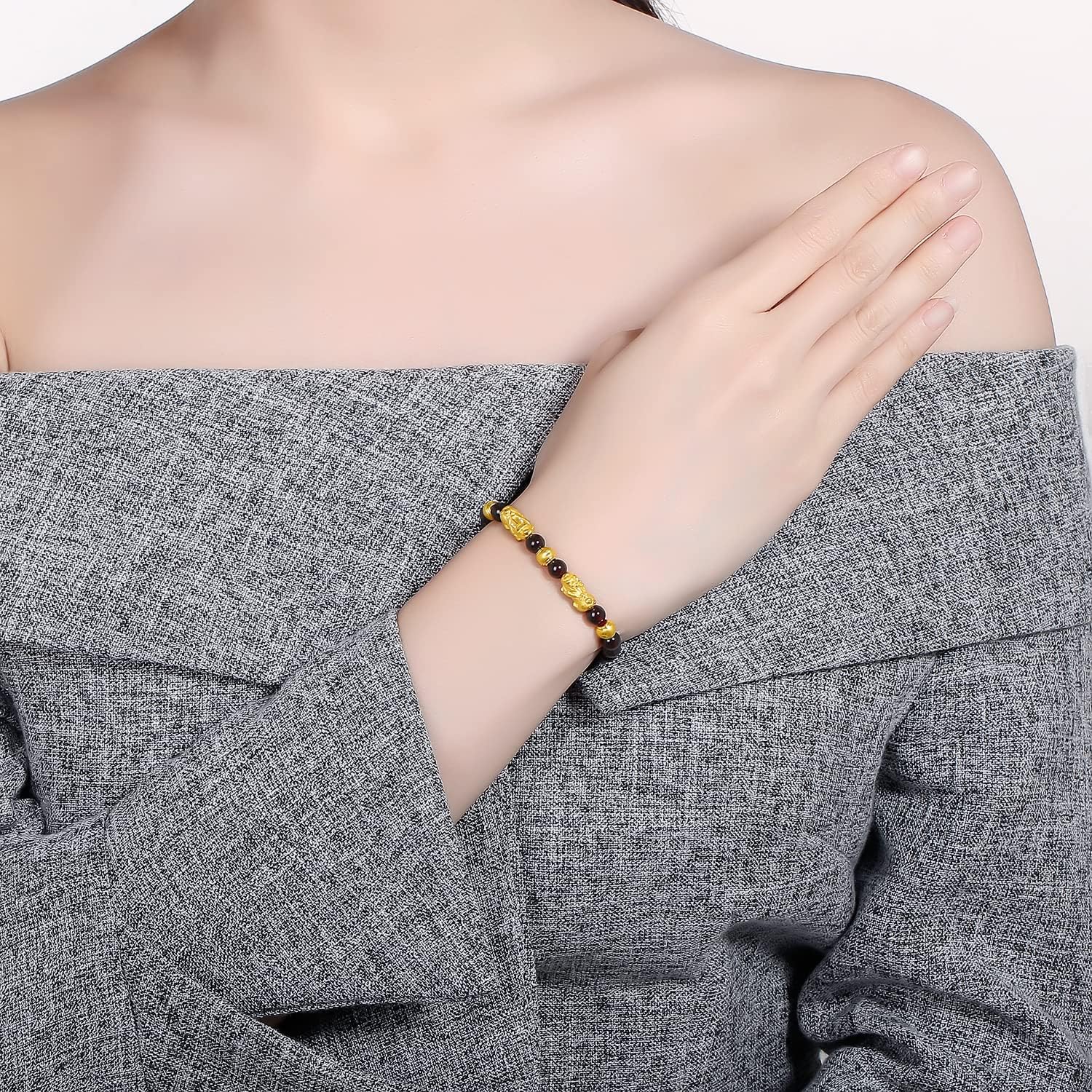 24K Solid Gold Bracelet for Women, Real Pure Gold Jewelry Fortune Pixiu Beads Garnet Beaded Bracelet for Men