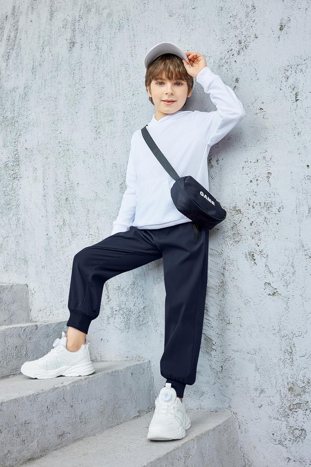 Arshiner Boys Casual Pants Elastic Waist Drawstring Kids Pants Youth Tapered Sweatpants Zipper Pockets Navy Blue - Image 3