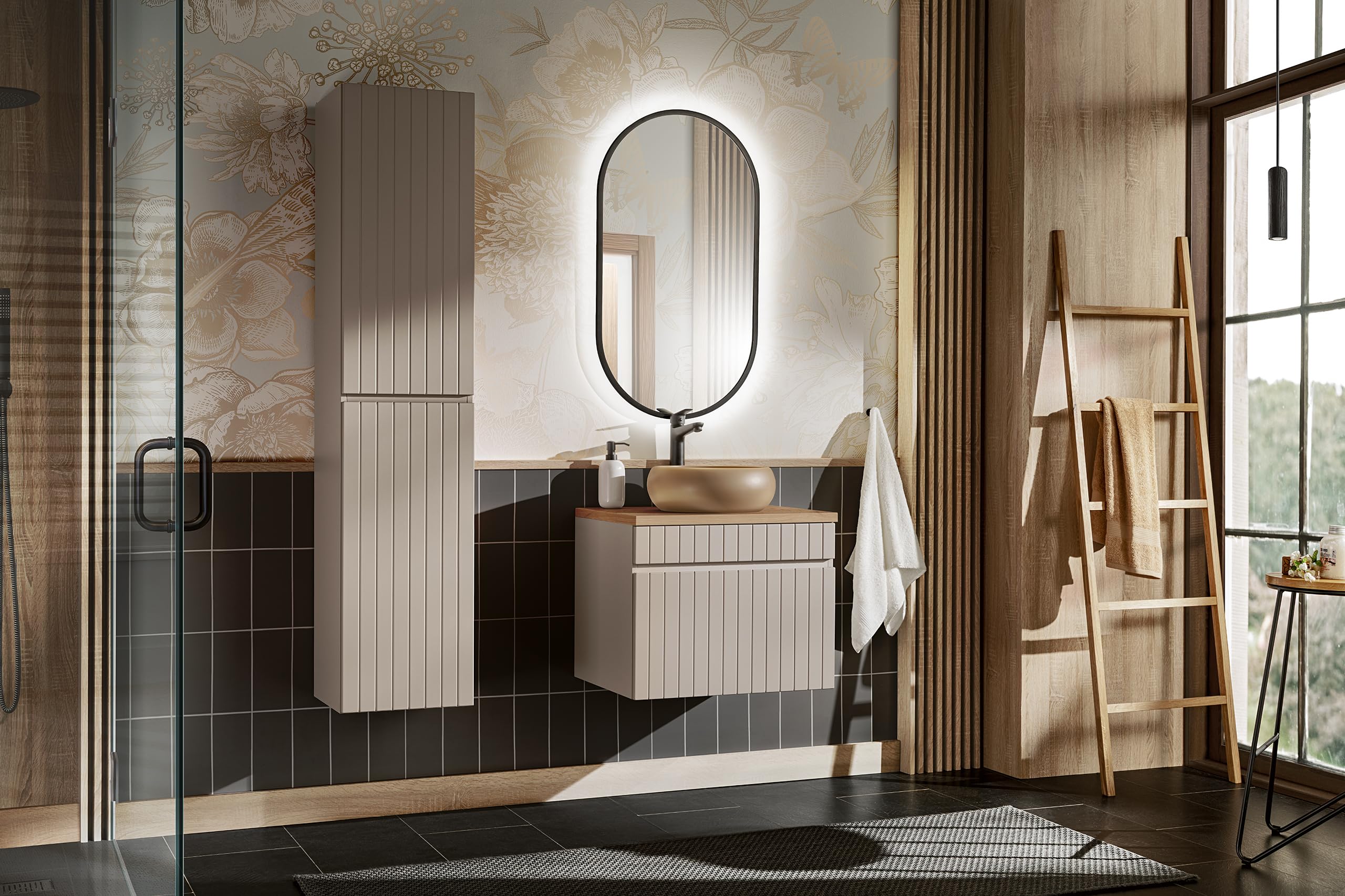Muebles Slavic Armario Alto de baño Iconic Cashmere, Armario de baño Colgante, Puertas acanaladas, Color Cachemir
