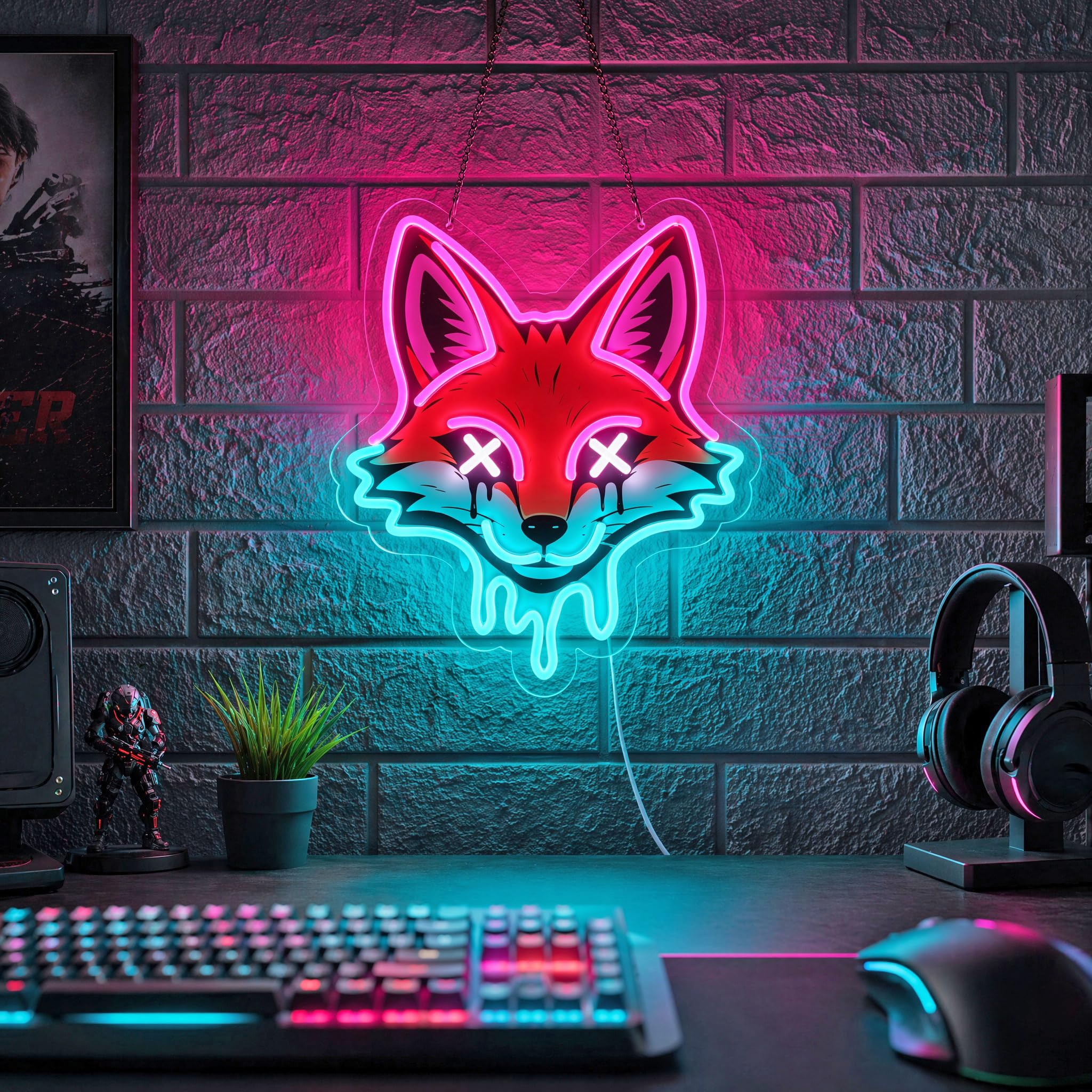 Cyberpunk - Letrero de neón LED rosa y azul hielo para decoración de pared, 14.5 x 12.6 pulgadas, letrero de neón de animales estéticos oscuros con cable USB de 6.5 pies, luces de neón de zorro