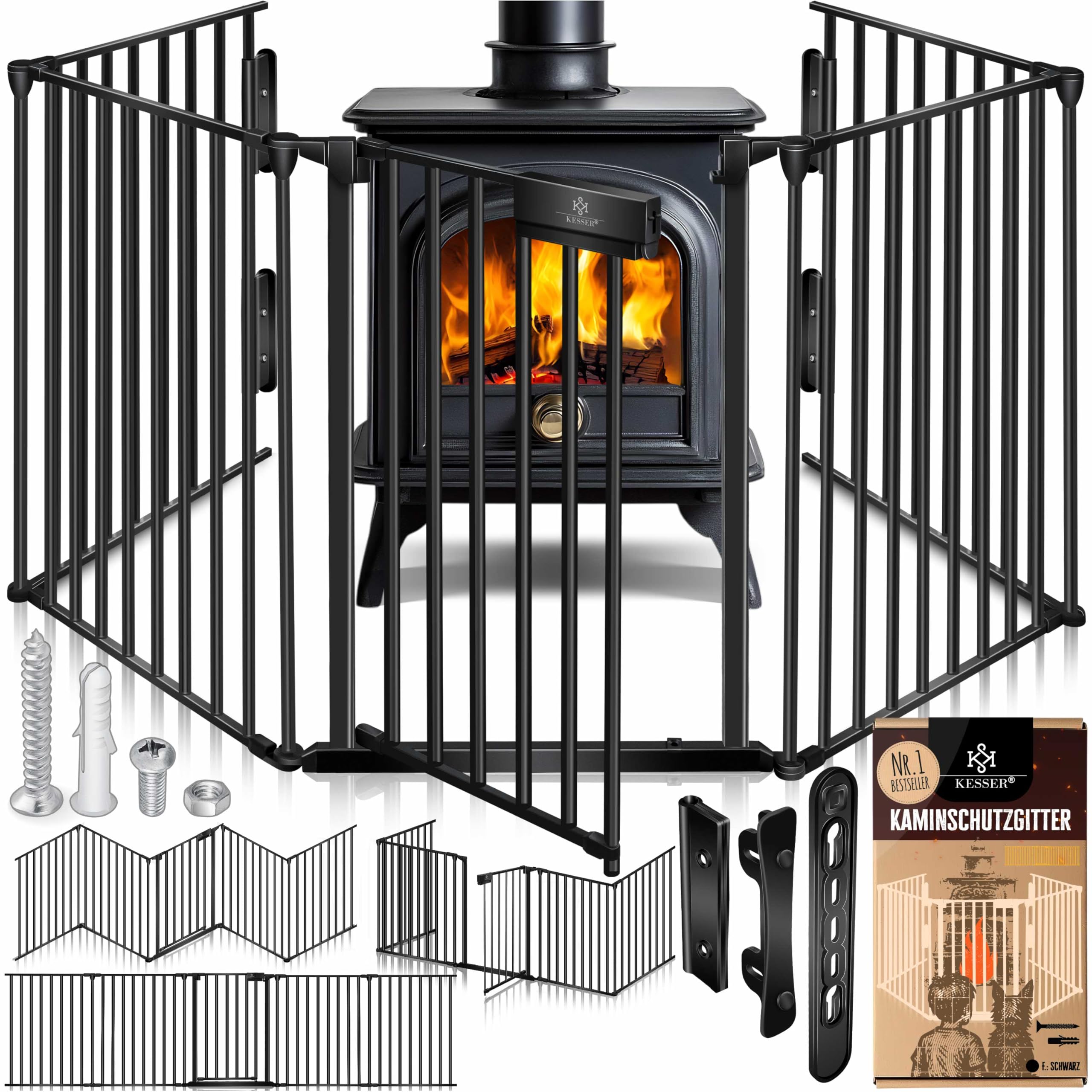 KESSER® Kaminschutzgitter mit Tür Metall Ofenschutzgitter Laufgitter Laufstall Absperrgitter Tierschutzgitter Türschutzgitter für Kinder-Sicherung (300cm, Schwarz)