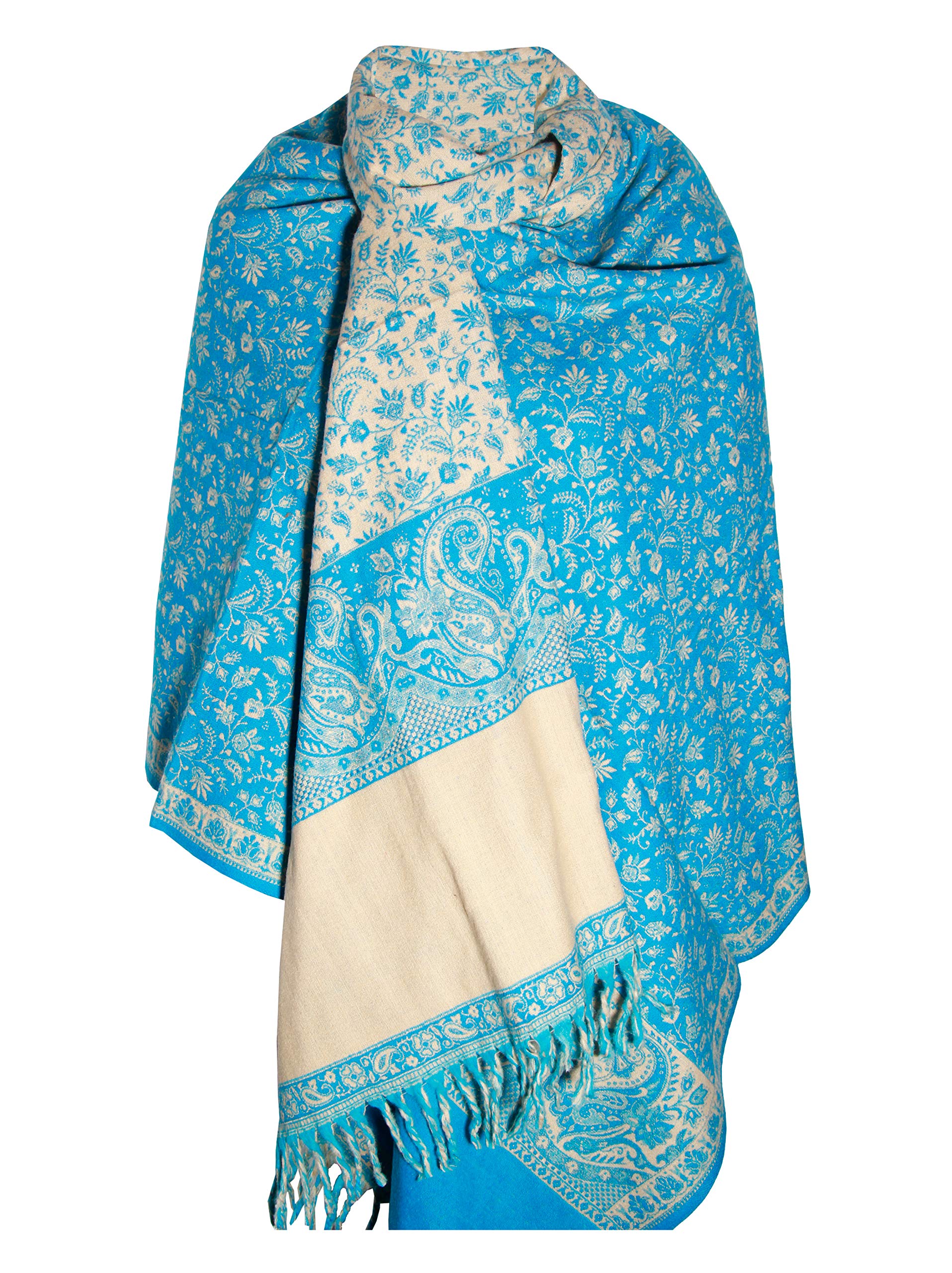 Winterschal / Schal aus reiner Yakwolle, doppelseitig, Himmelblau / Beige