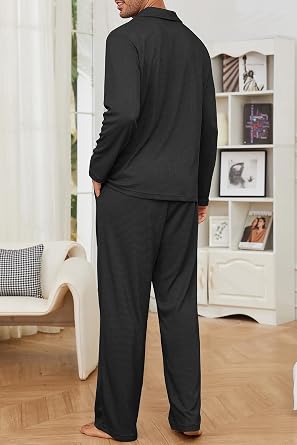 Men's Pajama Set Waffle Knit Lounge Pjs Set Long Sleeve Top and Pants Sleepwear 2 Piece Button Down Loungewear