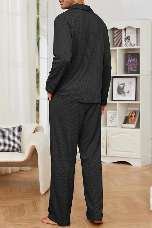 Men's Pajama Set Waffle Knit Lounge Pjs Set Long Sleeve Top and Pants Sleepwear 2 Piece Button Down Loungewear