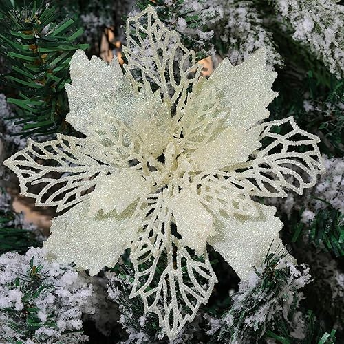 GL-Turelifes Paquete de 12 flores de Pascua artificiales con purpurina para corona de Navidad, adornos de flores para árbol de Navidad, 6 pulgadas