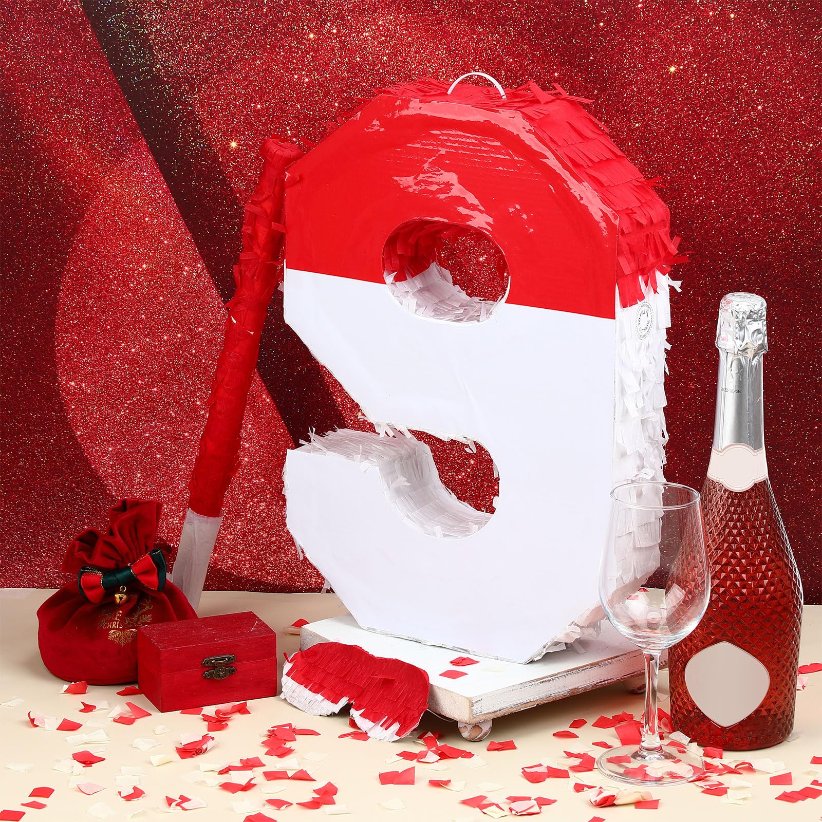 Poen Piñata a forma di numero, con maschera per gli occhi e coriandoli, piñata rossa e bianca, per bambini, ragazzi, ragazze, compleanni, anniversari, celebrazioni, forniture per feste, 40 x 28 x 7,1