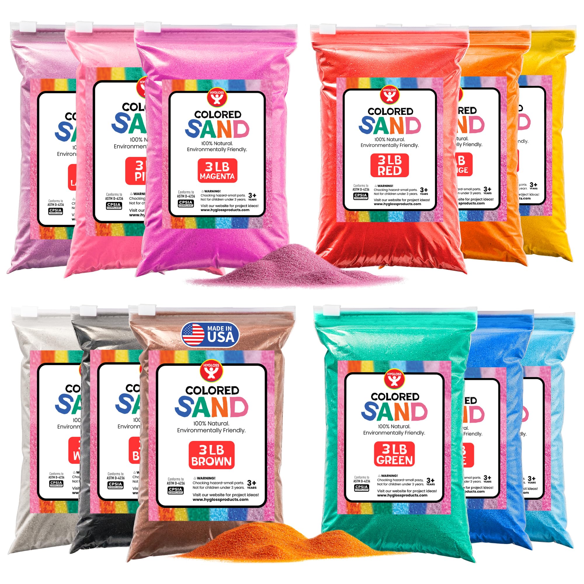 Hygloss Colored Sand for Crafts -12 Assorted Colors Bags - 3 lb Vibrant Colorful Fine Sensory Play Sand Art Kits for Kids - Classroom Activities for Children 3 4 5 6 7 8 9 10 11 12 - Safe for Ages 3+