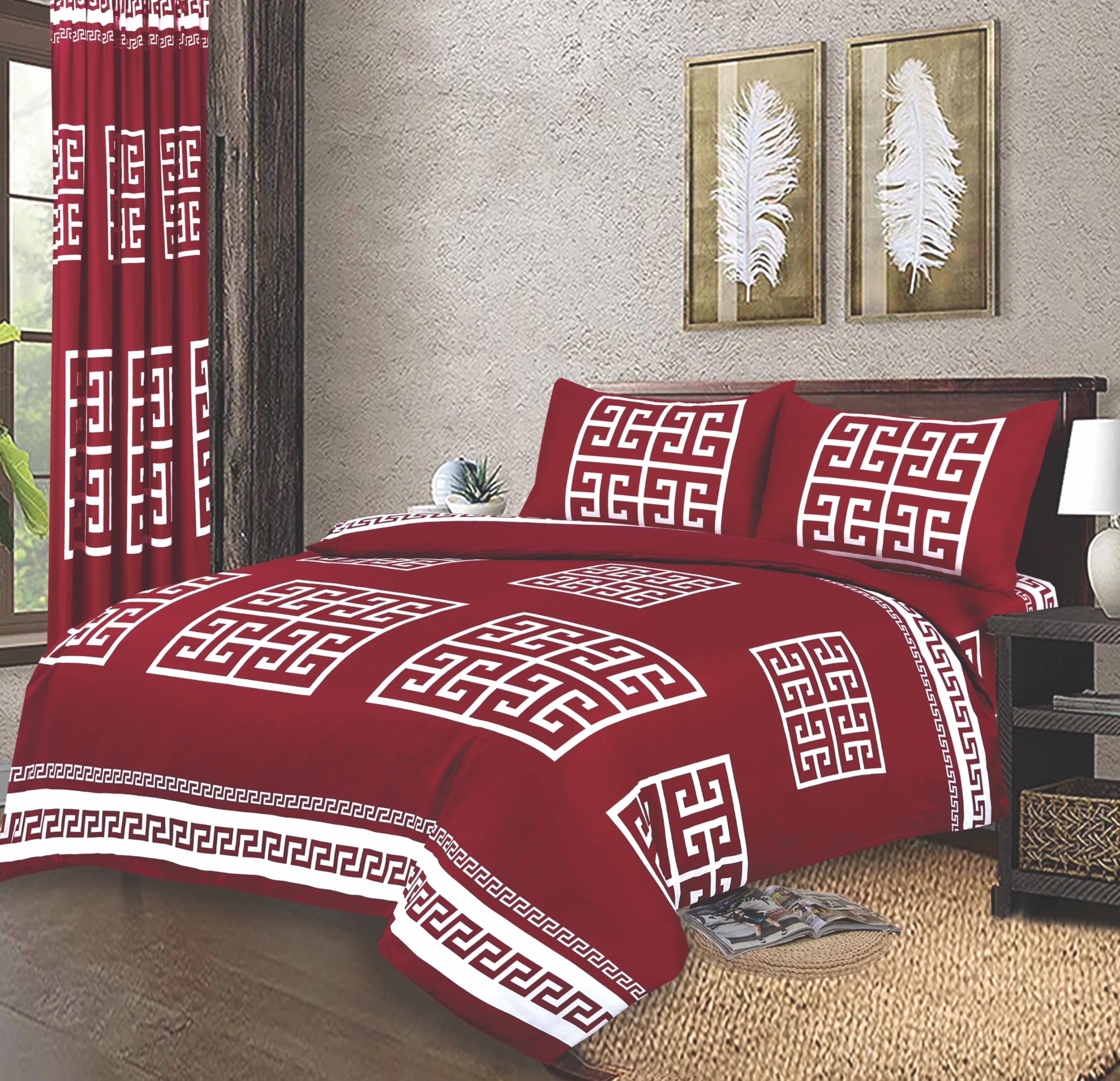 4 Piece Greek Bedding Set Microfiber Duvet Cover Fitted Sheet Pillowcases Sof Durable Bedding (Red, Double)