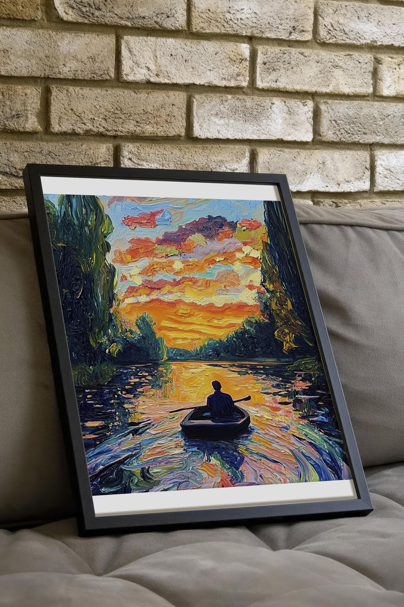 Zestia Siyah Çerçeveli Tablo, Kano ve Gün Batımı, Renkli Nehir Manzarası Poster No: 107331 50 x 70