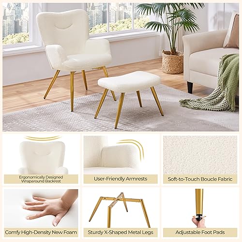 Miniatura 5 de Yaheetech Accent Chair and Ottoman Set, Sherpa Armchair with Golden Metal Legs and High Back, Footstool for Living Room, Lounge, Gray