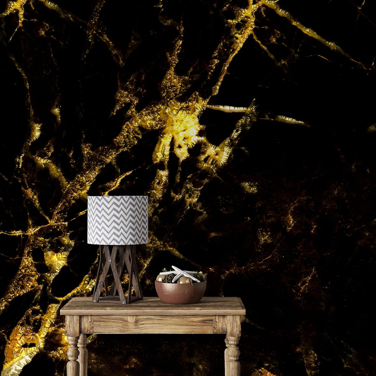 Black and Gold Abstract Marble Stone Peel and Stick Wallpaper | Removable Wall Mural #6239 (9ft H X 12ft W)