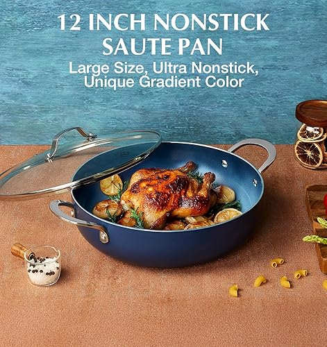 Miniatura 7 de KOCH SYSTEME CS Sartén para saltear de 12 pulgadas, sartén profunda de 5.5 cuartos de galón, sartén antiadherente de cerámica sin toxinas con tapa,