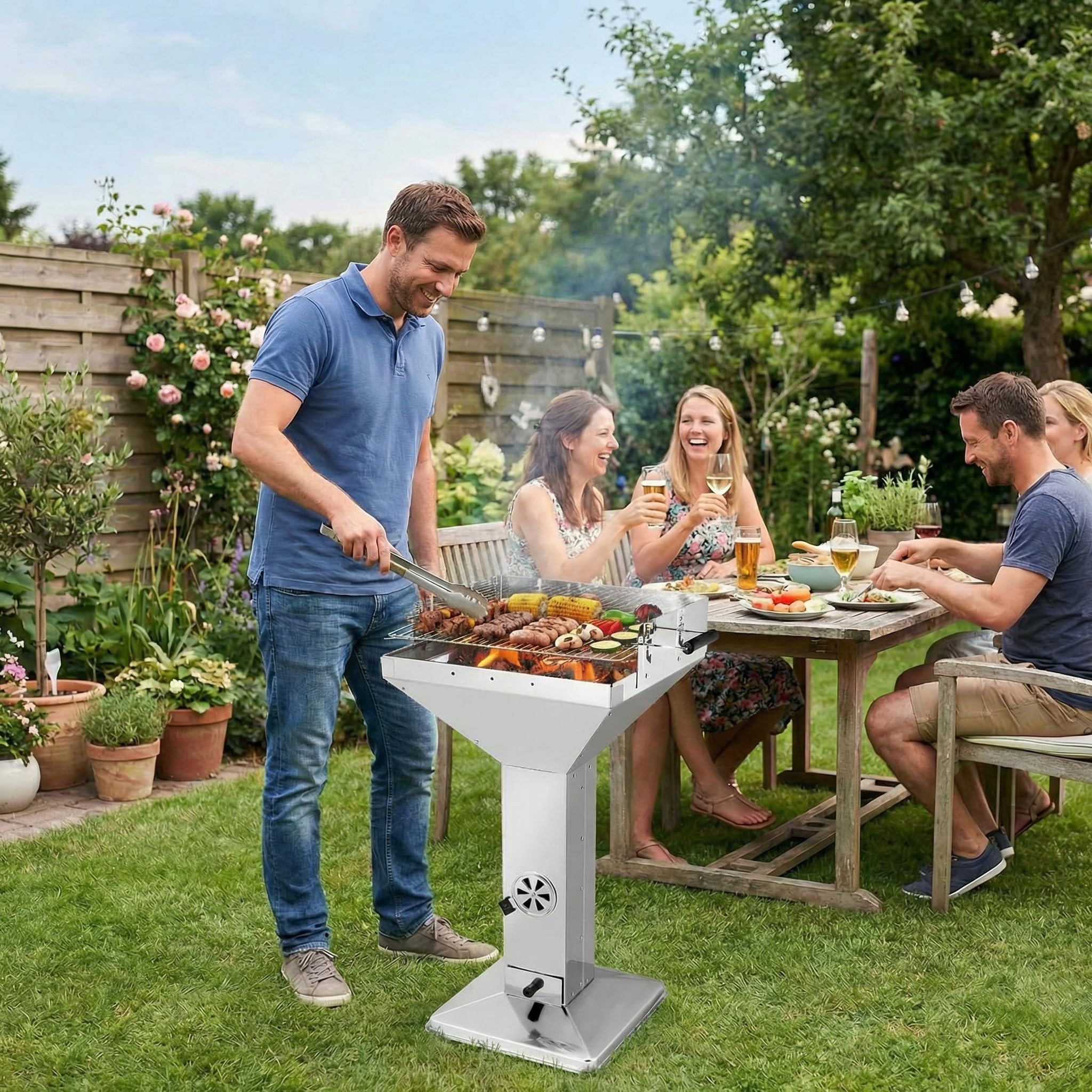 Houtskoolgrill, roestvrij staal, zuilgrill, BBQ-grill, incl. 5-voudig