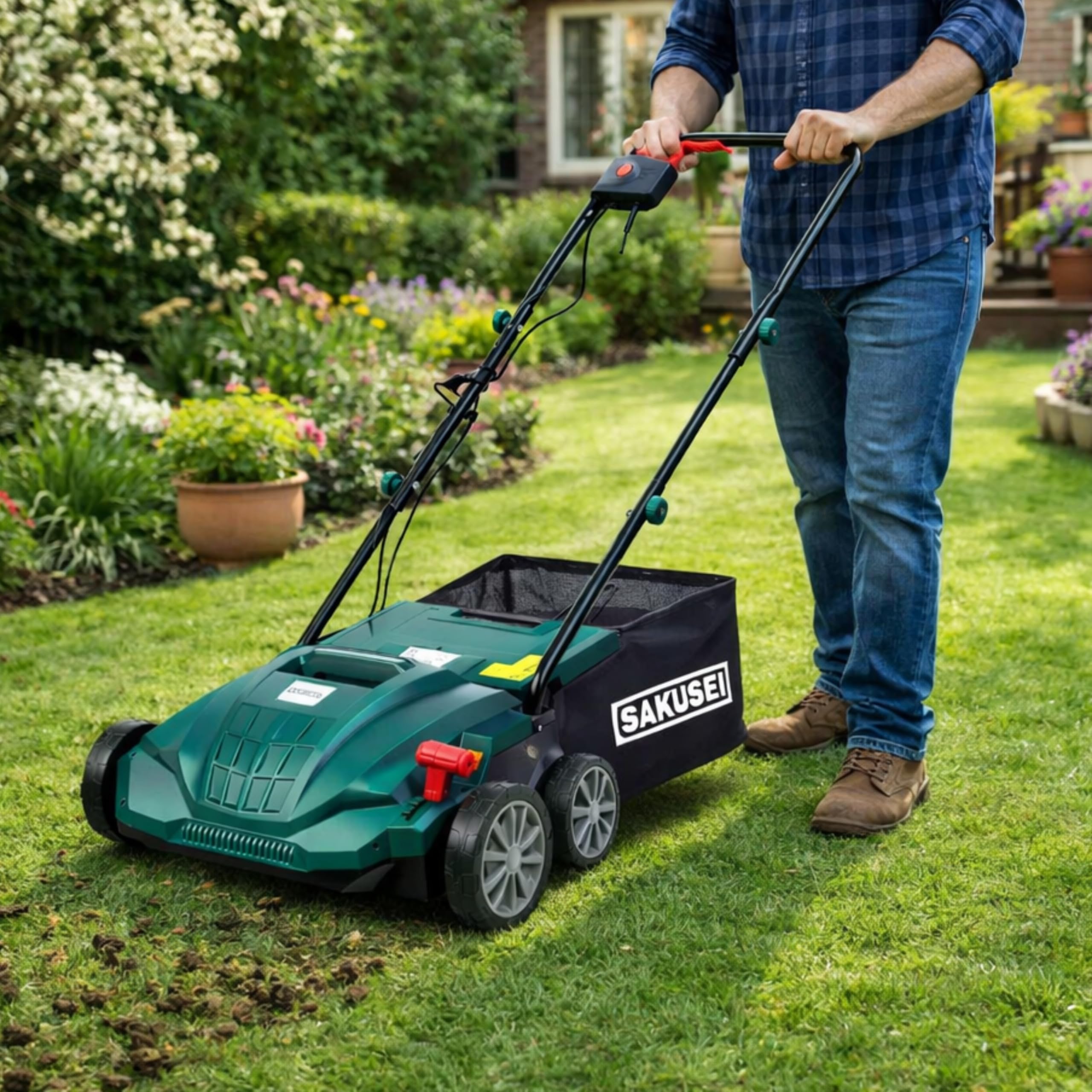 Escarificador/rastrillo/aireador eléctrico 1500 W, eliminación de hojas muertas y musgo, aireador de tierra, bolsa de 30 litros, cable 10 m