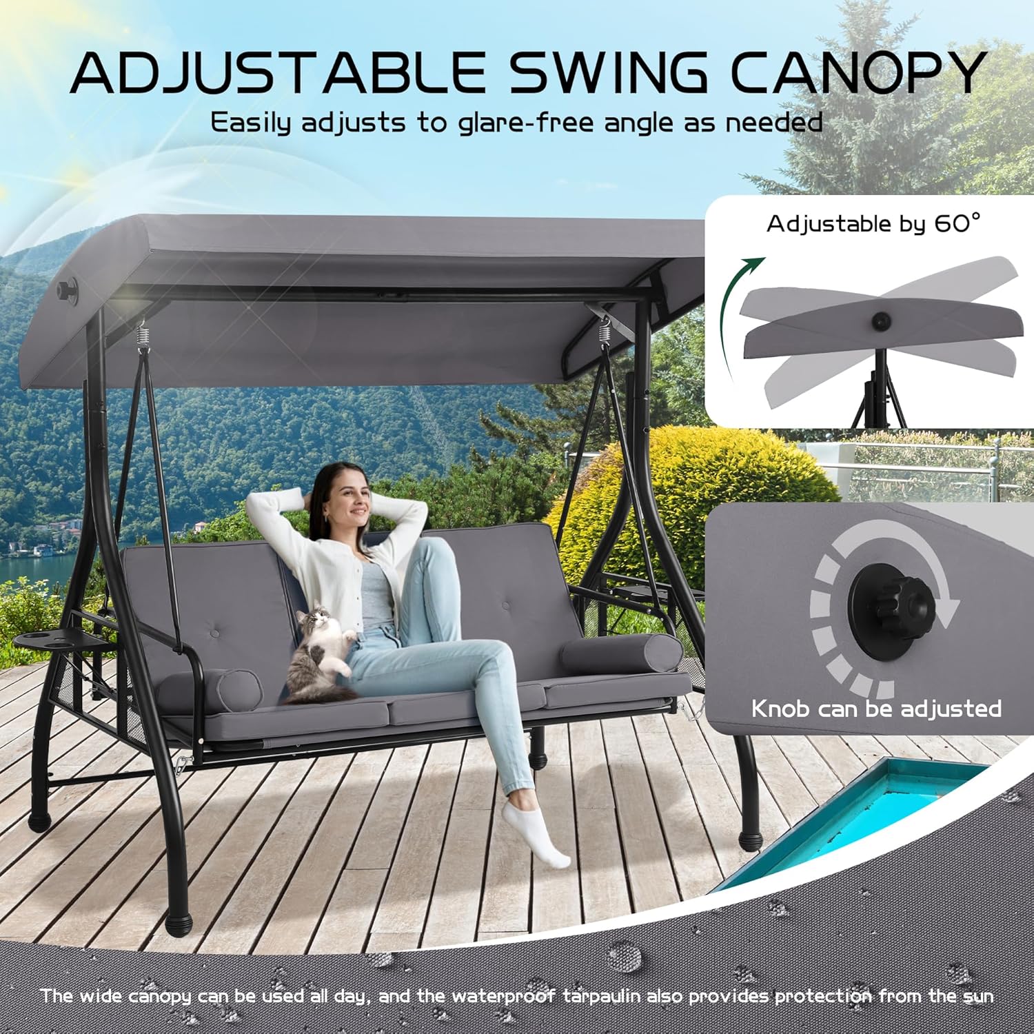 3 Seat Outdoor Patio Swing with Stand, 3-in-1 Porch Swing with Adjustable Canopy & Deep Cup Holders, Patio Glider Adult Swings with Thickened Cushions, Patio Swing Bed for Yard Garden (Gray)