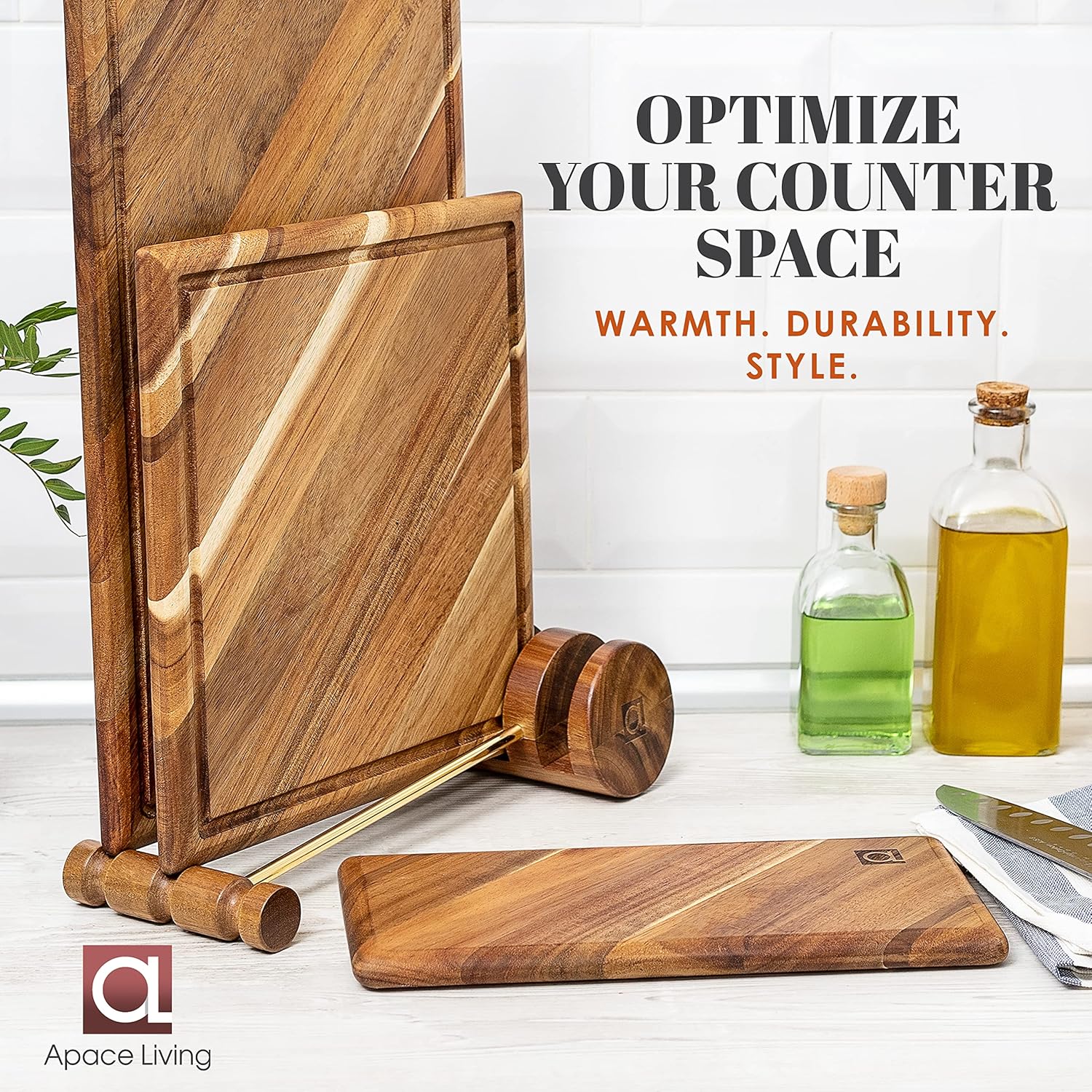 Premium Wood Cutting Board Organizer - Solid Acacia Wood Cutting Board Holder Stand w/Brass - Kitchen Chopping Board Rack by the Apace Living Premier Collection
