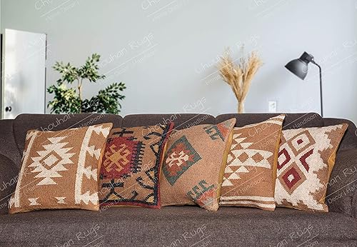 Juego de 5 fundas de almohada vintage de yute hechas a mano, fundas de almohada indias para decoración del hogar, fundas de almohada turcas tejidas
