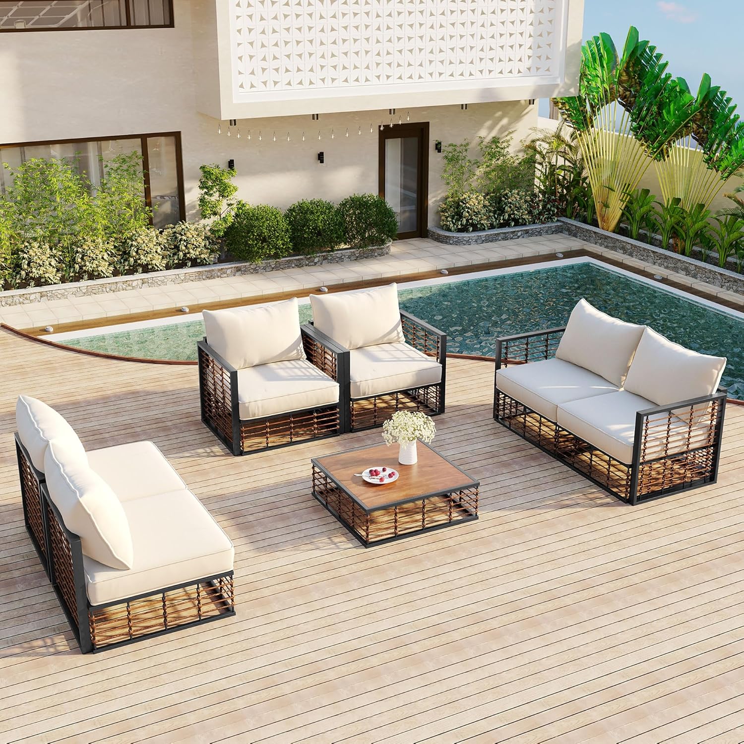Modern Minimalist 7-Piece Metal Outdoor Patio Sectional Sofa Set, All-Weather Garden Conversational Furniture Set with Thick Cushions and Coffee Table for Garden, Pool & Backyard (Gray-1J)