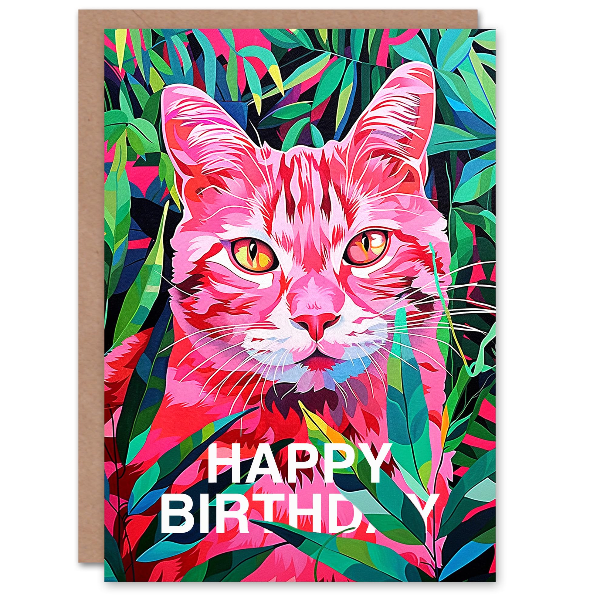 Artery8 Birthday Card Neon Pink Jungle Cat Lover Nature Design For Her Gran Sister Niece Daughter Wife Woman Greeting Card