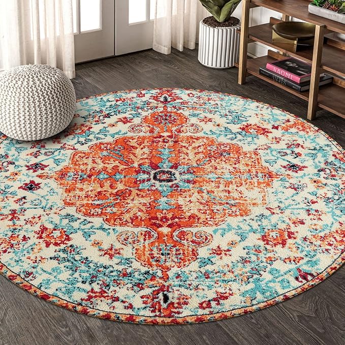 Lahome Floraler runder Boho-Medaillon-Teppich, 1,2 m, weicher Vorleger, orientalisch, Used-Look, waschbar, Eingang, Foyer, rutschfest, Schlaf-/ESS-/Wohn-/Kinderzimmer, Nachttisch, Orange/Mehrfarbig