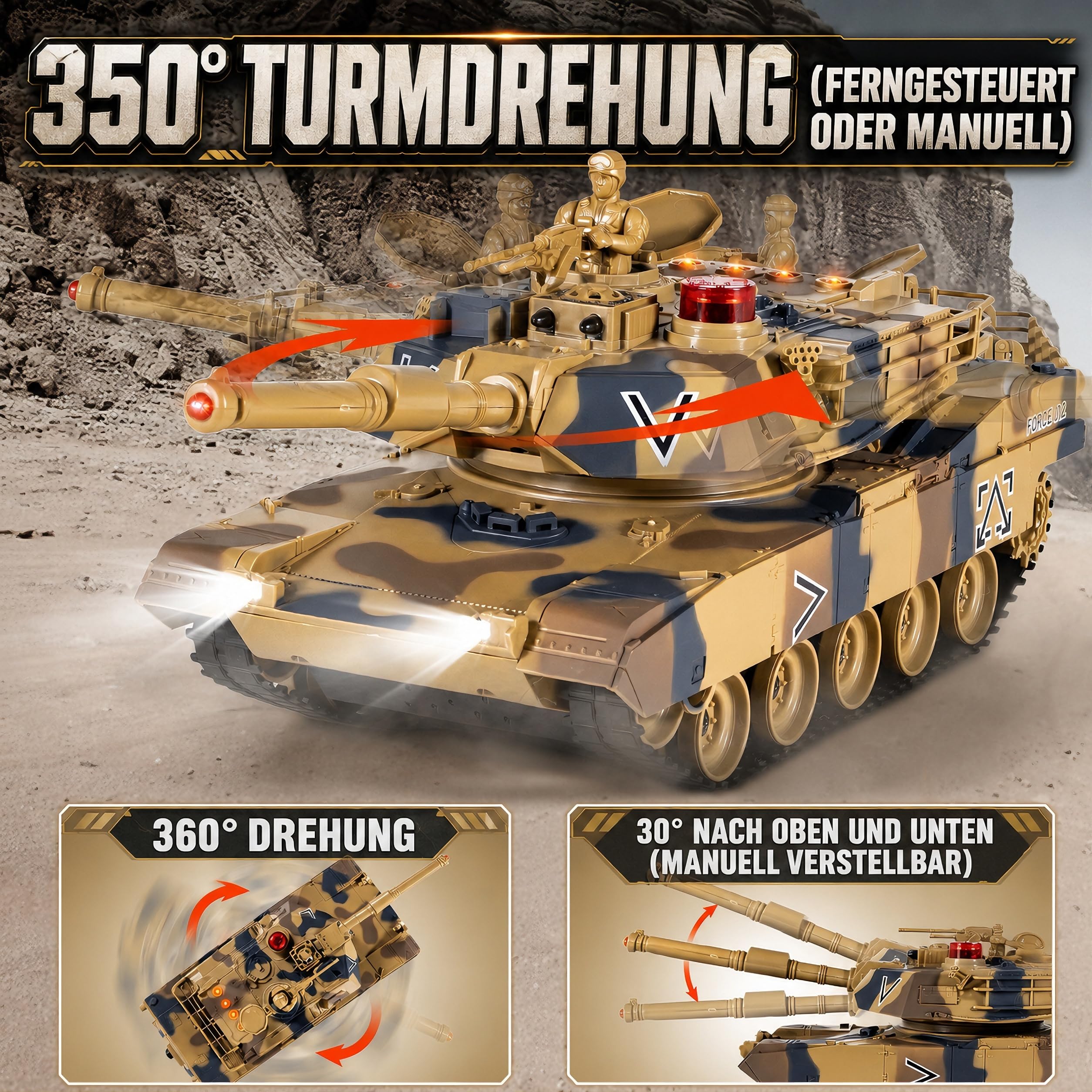 Supdex 1/24 RC Panzer mit Fernbedienung, militärischer Armeepanzer Spielzeug, 2.4GHz Steuerung mit Licht und Raucheffekt, taktisches Panzerfahrzeug für Kinder, Jungen
