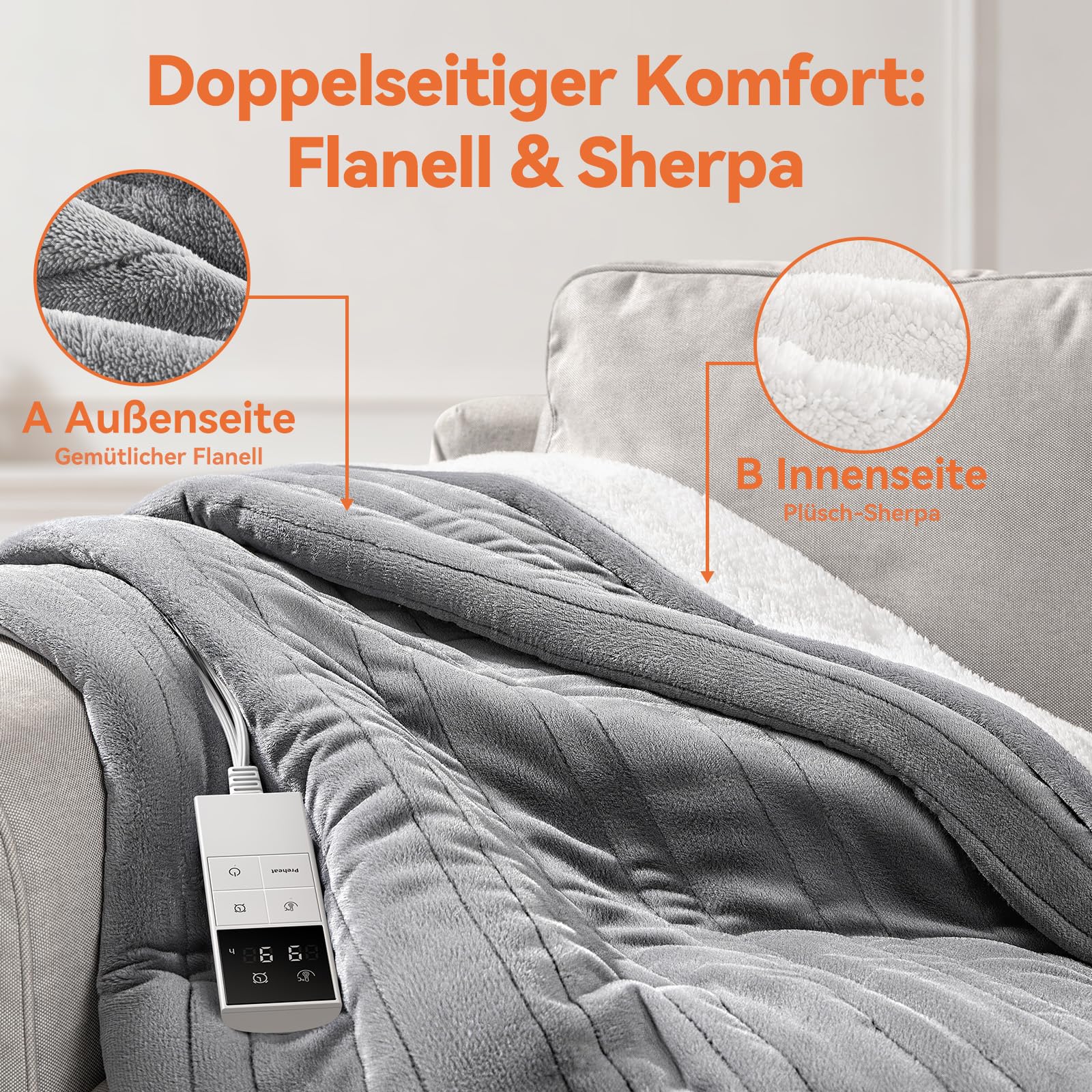Heizdecke mit Abschaltautomatik & 9-Fach Wärmezonen 160x120 cm, 1-9h Timer mit Memory-Funktion, Schnellwärme & Gleichmäßige Wärme, Doppelseitig Flanell & Schaffell wärmedecke elektrisch