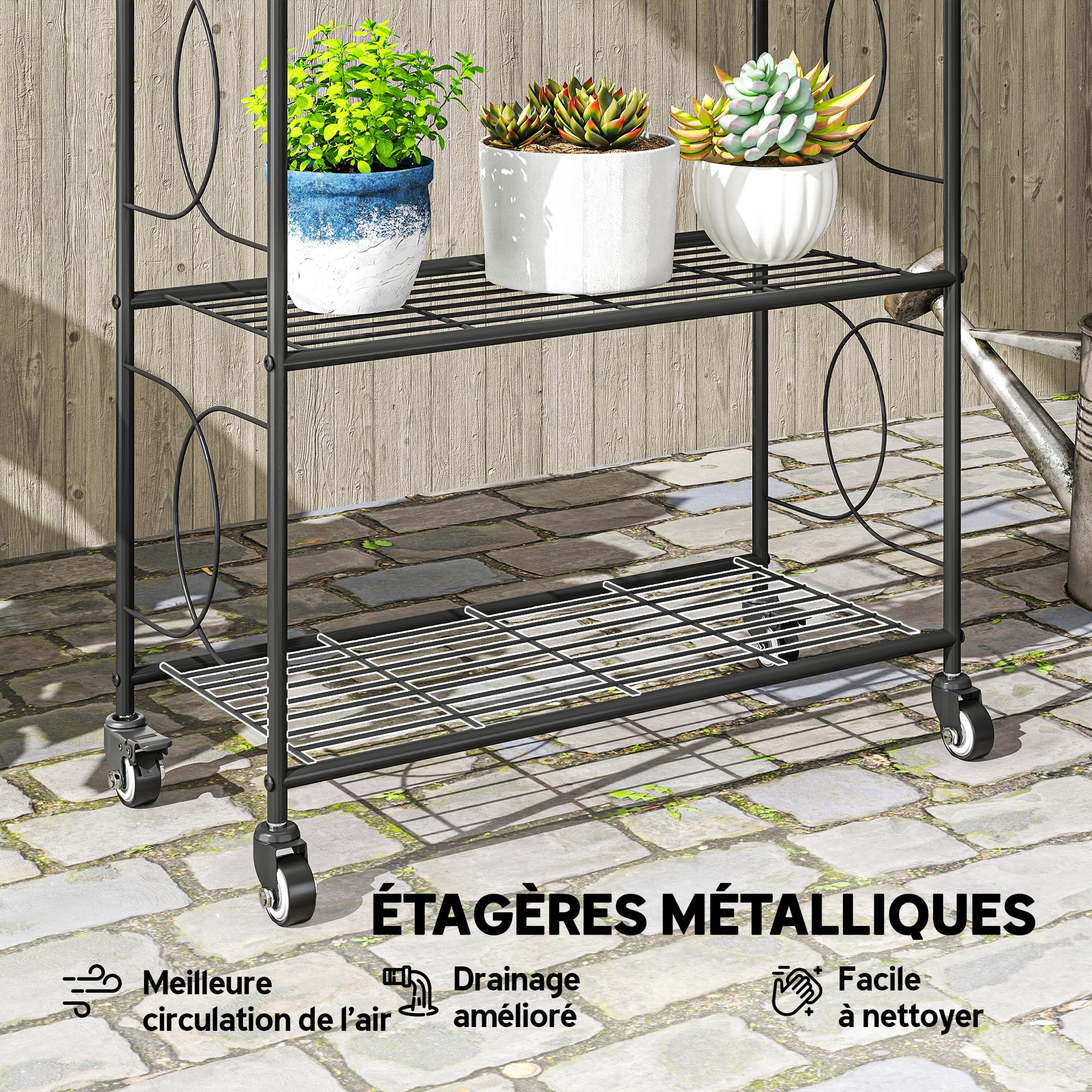 Outsunny Étagère à Fleurs Extérieur 4 Niveaux Roues 67x29x114 cm Noir | Intérieur, Support de Plantes, Étagère à Plantes, Jardin, Balcon, Salon