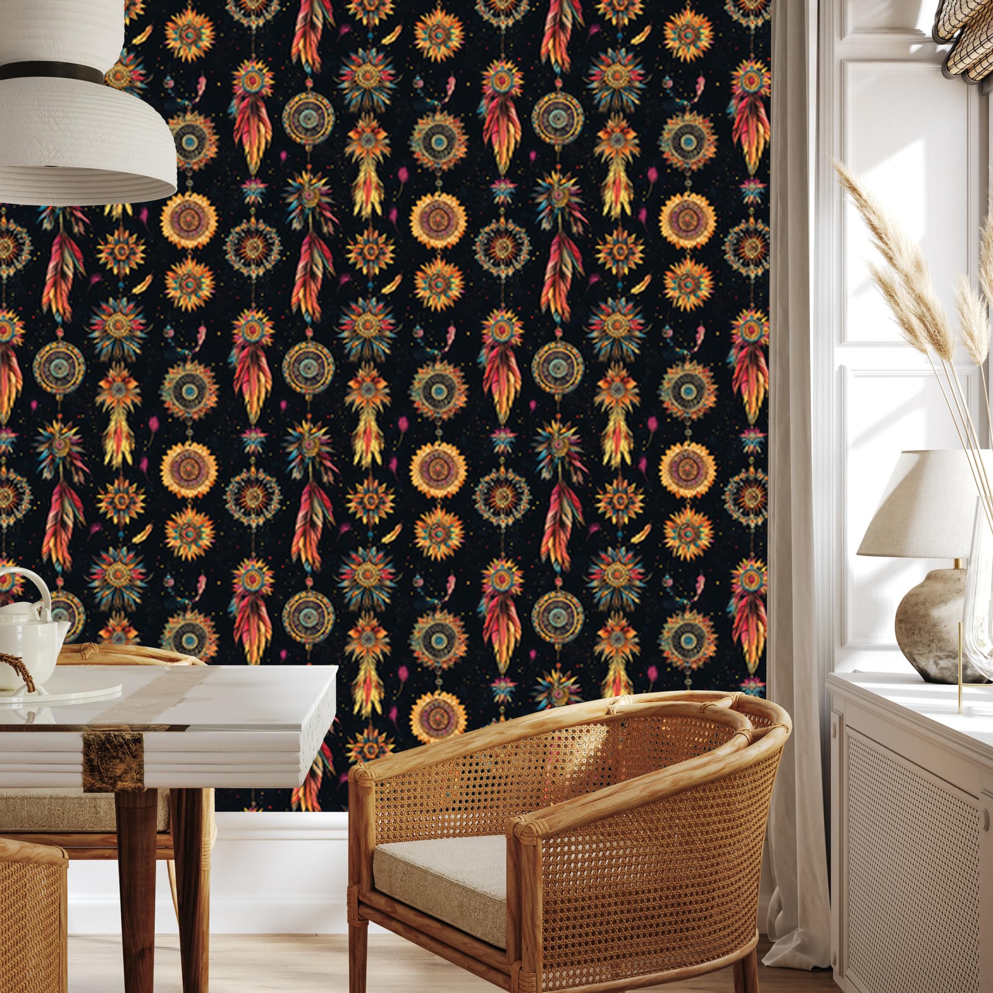 Vliestapete Boho – Schwarz und Ocker 50 x 1000 cm | Ausdrucksstarke Bildgestaltung; Charaktervoller Raumschmuck; Harmonische Akzentfläche; Kleister im Set