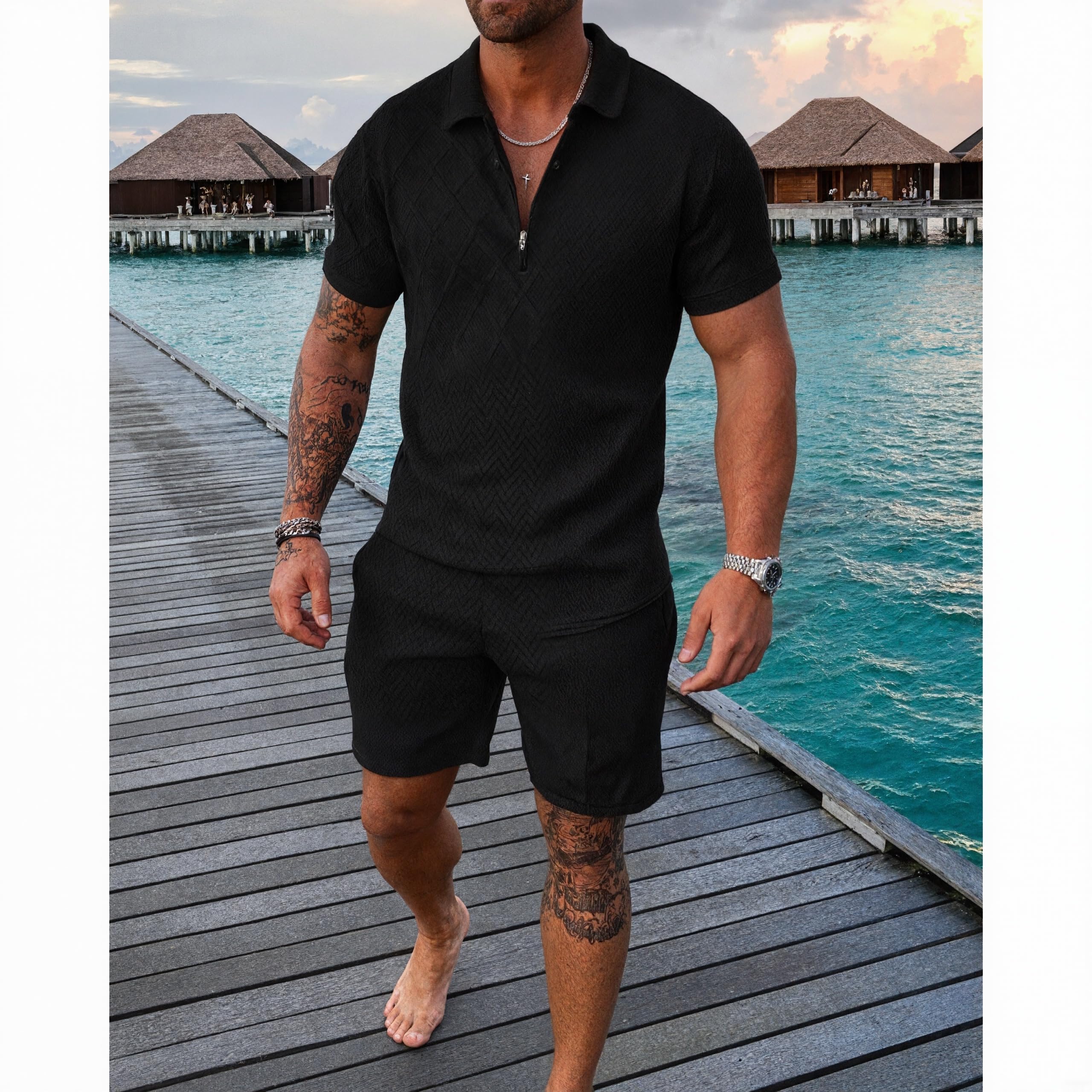 Conjunto de camiseta polo y pantalones cortos para hombre, 2 piezas, traje de verano con textura 3D, manga corta