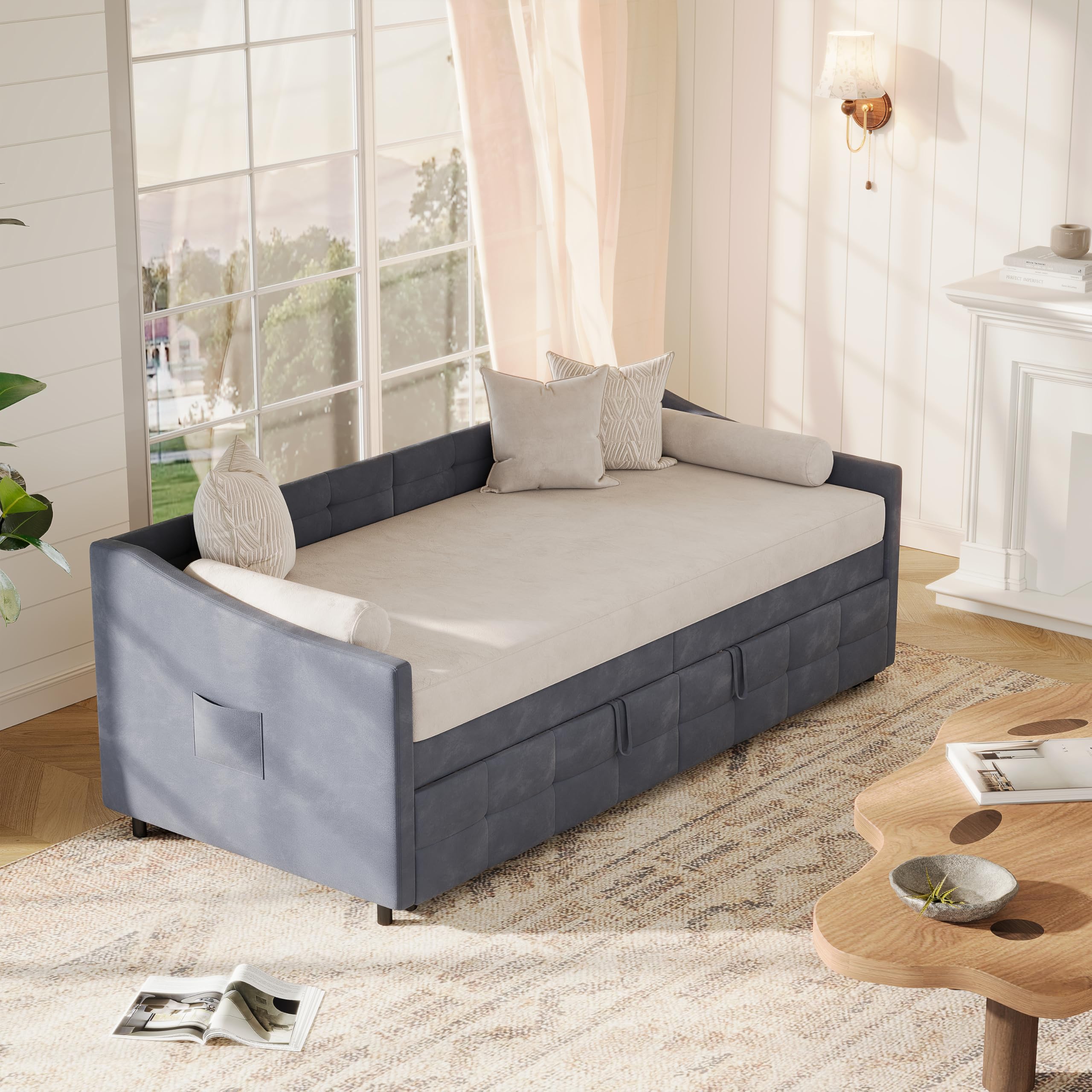 Schlafcouch Ausziehbar, Tagesbett Ausziehbar, Ausziehbett, Schlafcouch 180x200, Flanell, 90/180 x 200 cm, ohne Matratze (Grau)