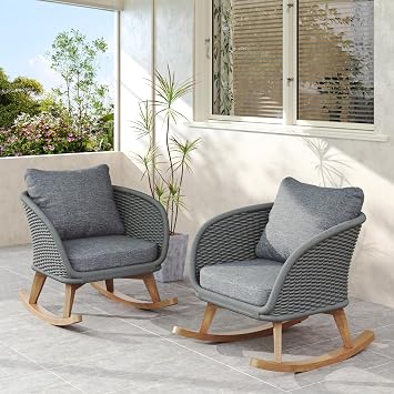 Christopher Knight Home Siwoo Wooden Frame Outdoor Rocking Chairs Set of 2, Wicker Rocker Chair with Soft Cushions, Contemporary Patio Rockers, Rocking Chair for Indoor/Outdoor, Gray + Natural