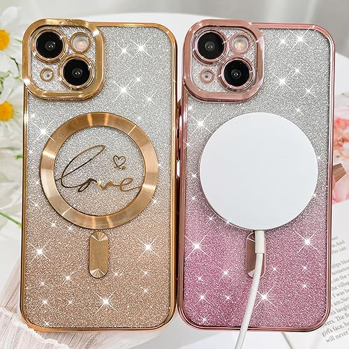 Vista 423 de Fiyart - Funda transparente magnética con purpurina para iPhone 12 para mujeres, con grabado "Love" metálico, protección para cámara y antigolpes