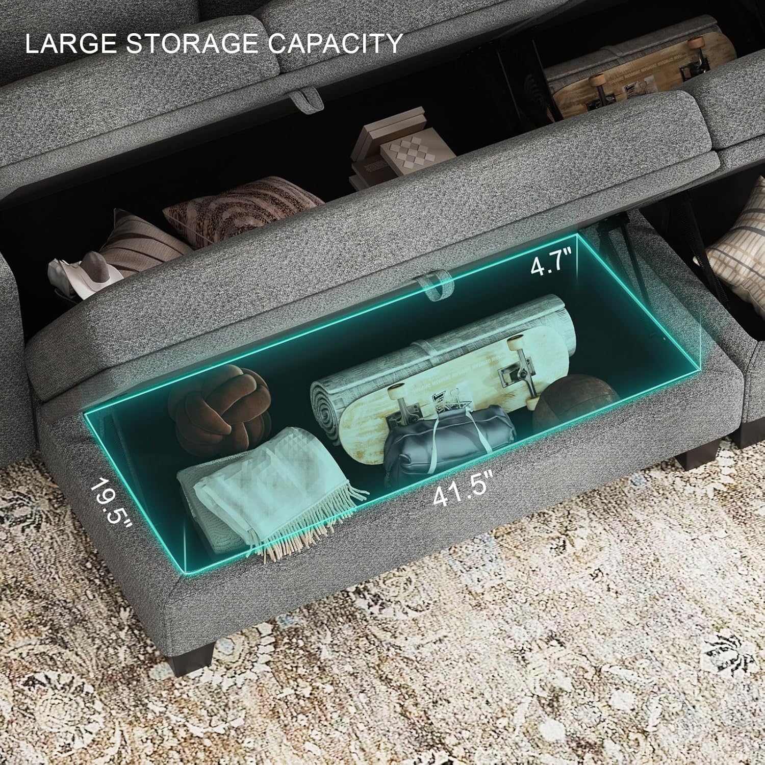 Image showing the large storage capacity inside the ottoman, with various items stored.