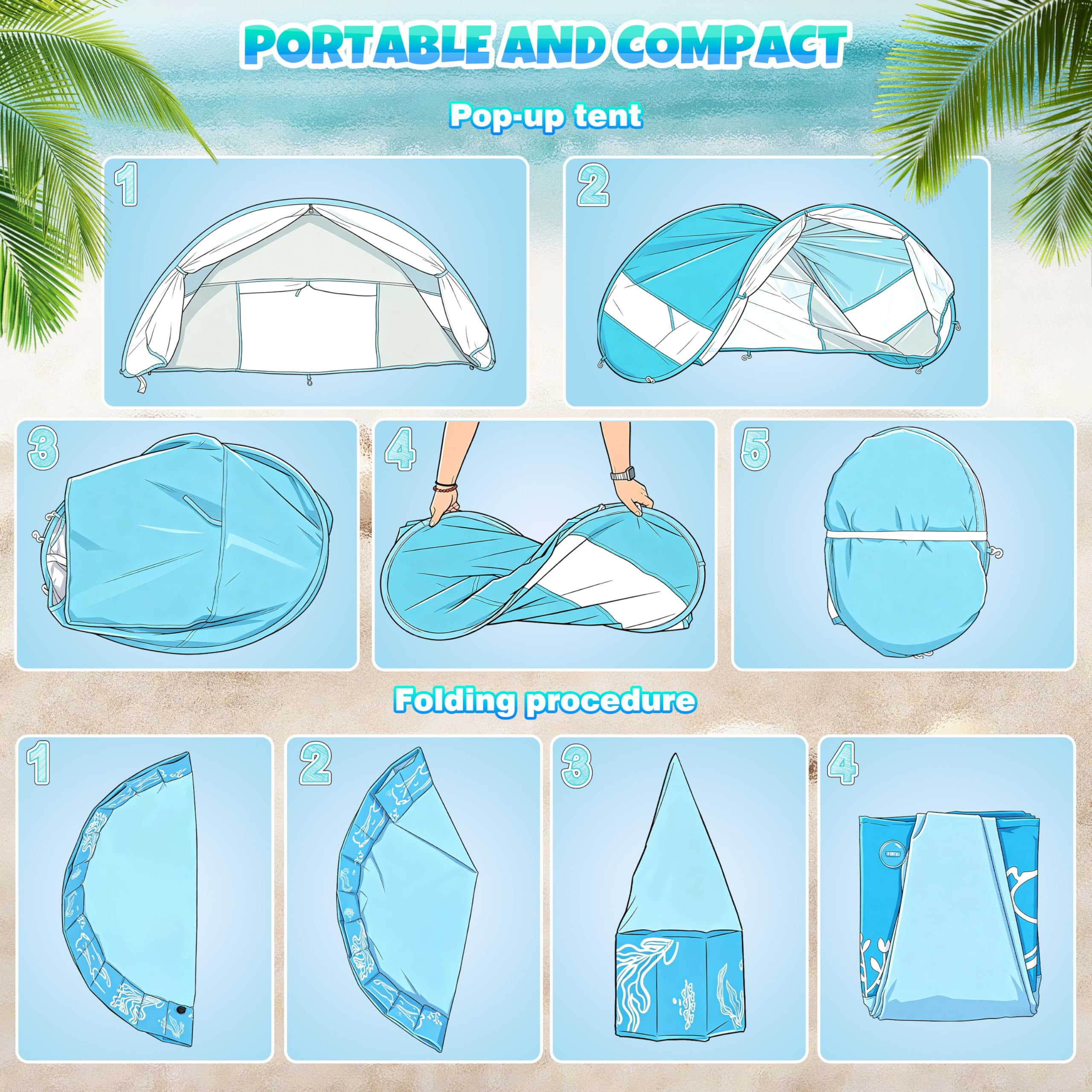 4-in-1 Pop Up Baby Planschbecken Groß, Strandmuschel Baby Bällepool mit UV Schutz SPF 50+, BabyPool mit Dach, Tragbare Spielzelt Bällebad für Picknick, Garten, Strand (120 * 30)