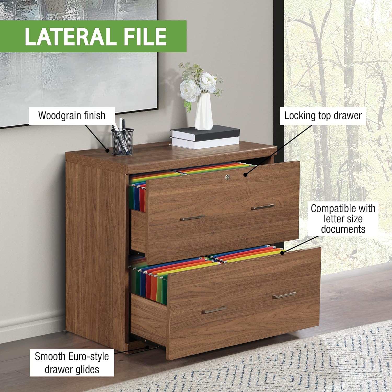 OSP Home Furnishings Alpine 2-Drawer Vertical File with Lockdowel Fastening System, 30 inches Wide, Majestic Walnut Finish