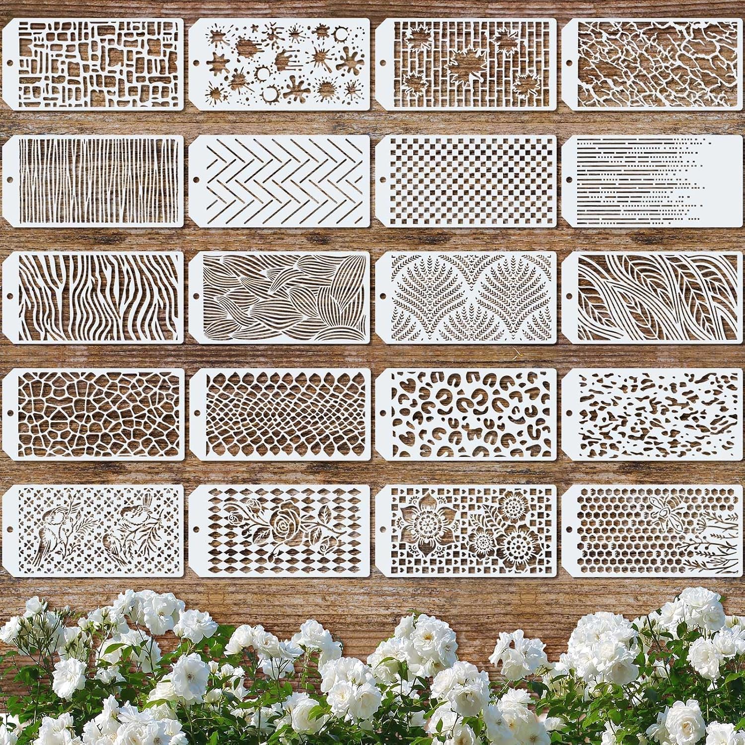 Marspark 20 Pieces Wildflower Stencils for Painting Template Flower Wall Stencils Reusable Spring Templates PET DIY Drawing for Painting on Wood Wall(Rectangular Style)