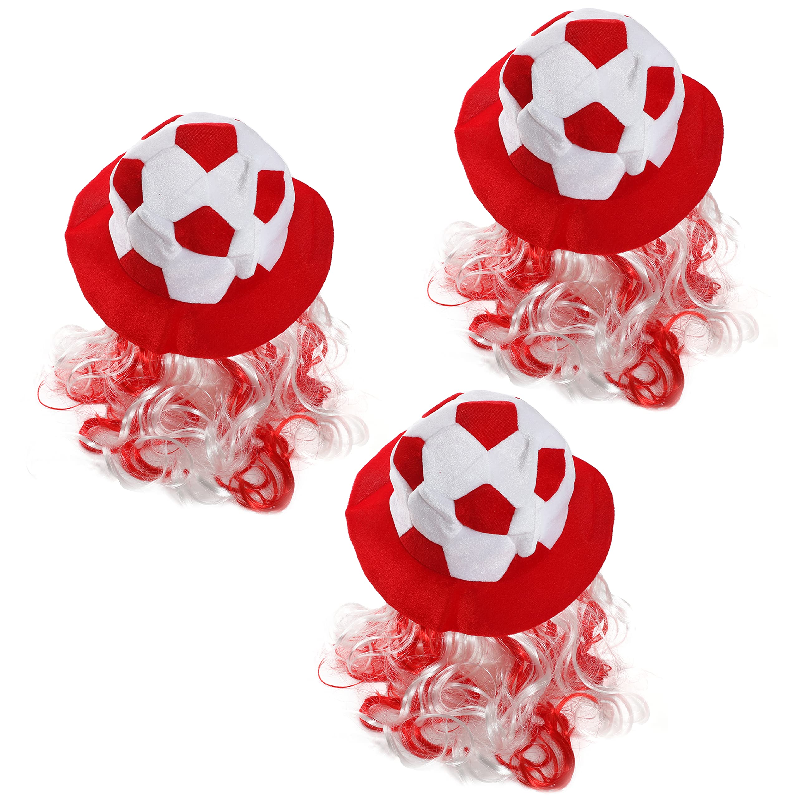 I LOVE FANCY DRESS Adults Football Hat - Pack of 3 - Red & White Football Hat with Attached Red & White Hair - Adults Sports Supporters World Cup Euros Accessory — image 1