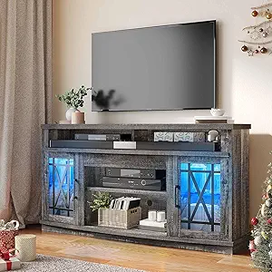 DWVO LED Farmhouse Television Stand for Living Room, 32'' Tall Entertainment Center for 65/55 Inch TV, Media Console TV Table with Storage Cabinet, Adjustable Shelf and Glass Doors, Dark Rustic Oak